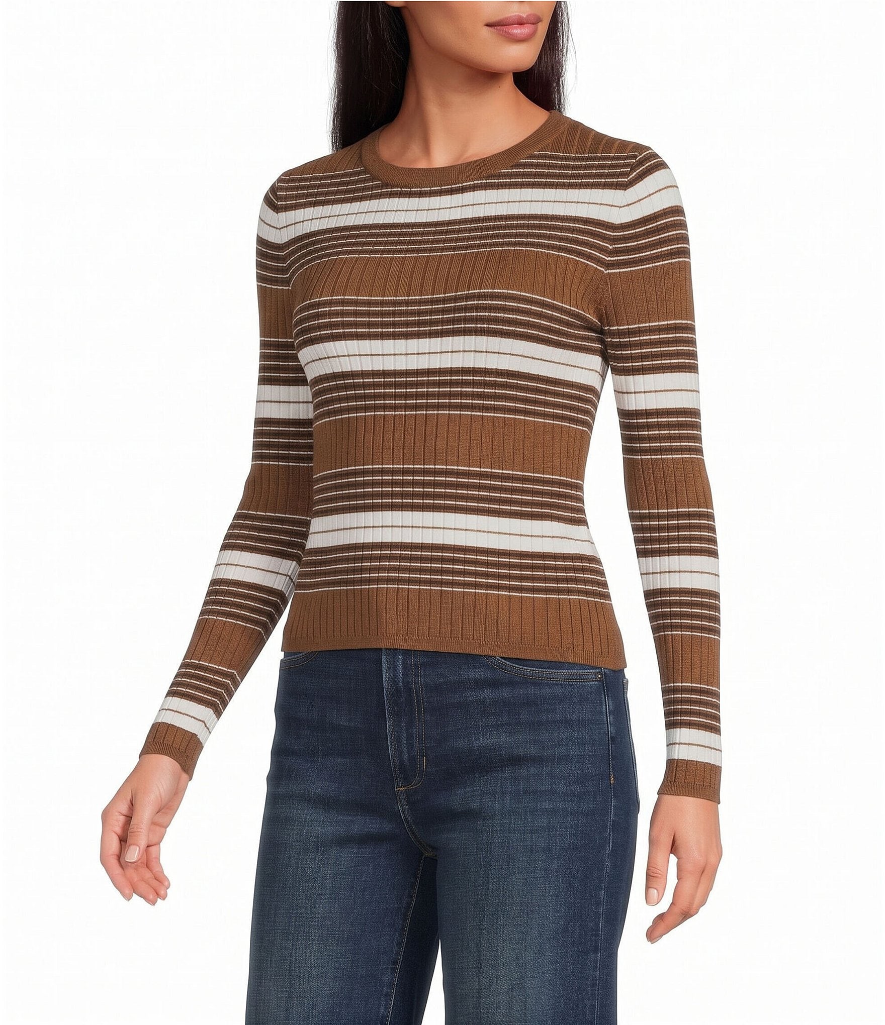 Lucy Paris Striped Crew Neck Long Sleeve Sweater Knit Top