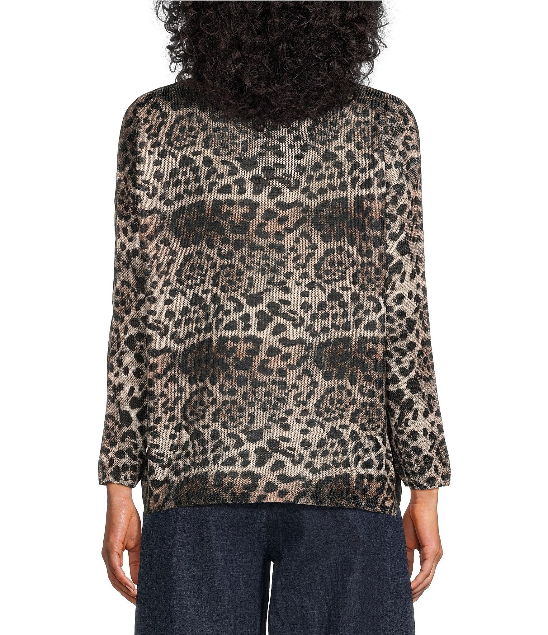 M Made In Italy Animal Print Leopard V-Neck Long Sleeve Knit Top