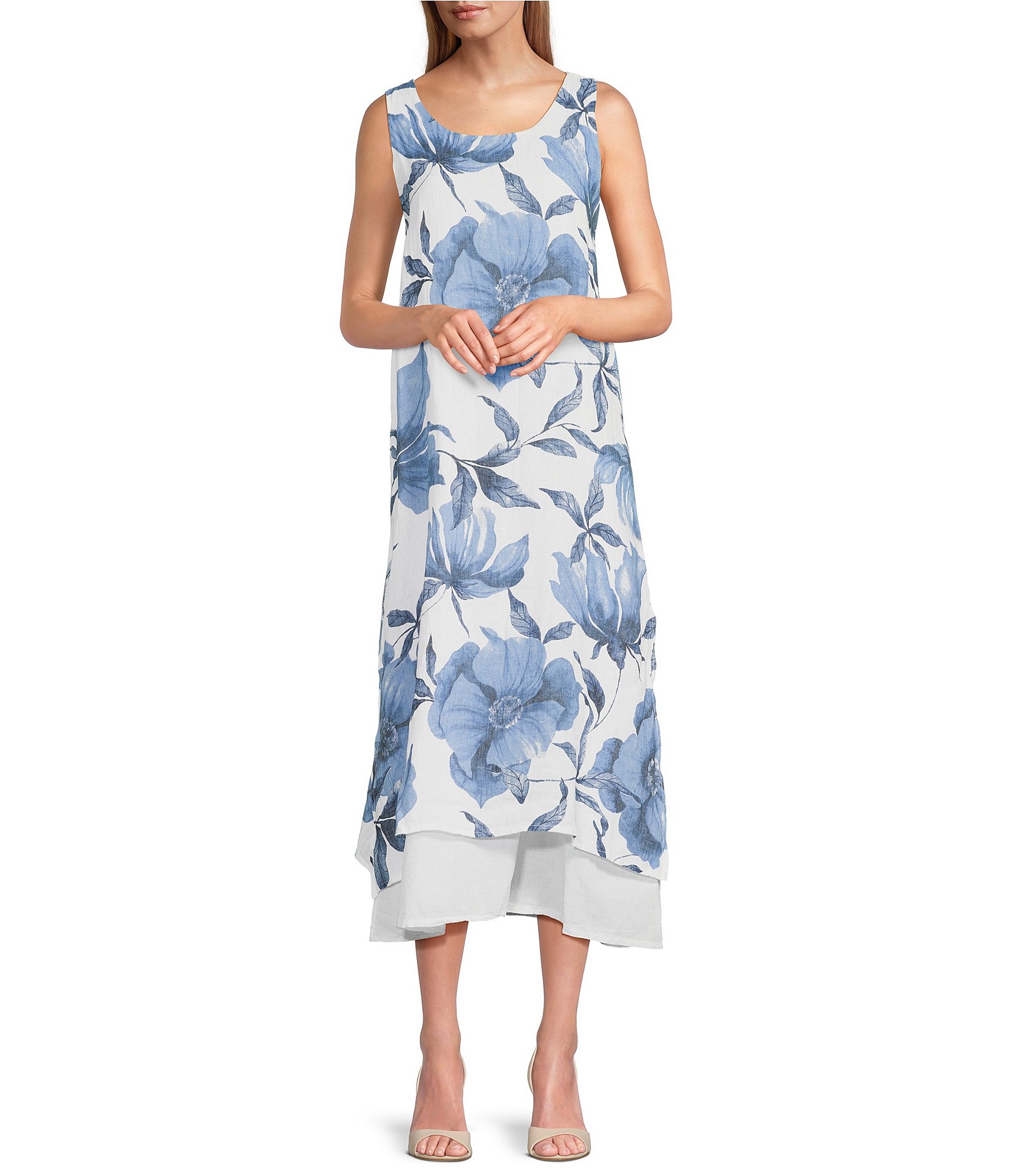 M Made In Italy Linen Floral Scoop Neck Sleeveless Side Slit Layered Midi  Shift Dress | Dillard's