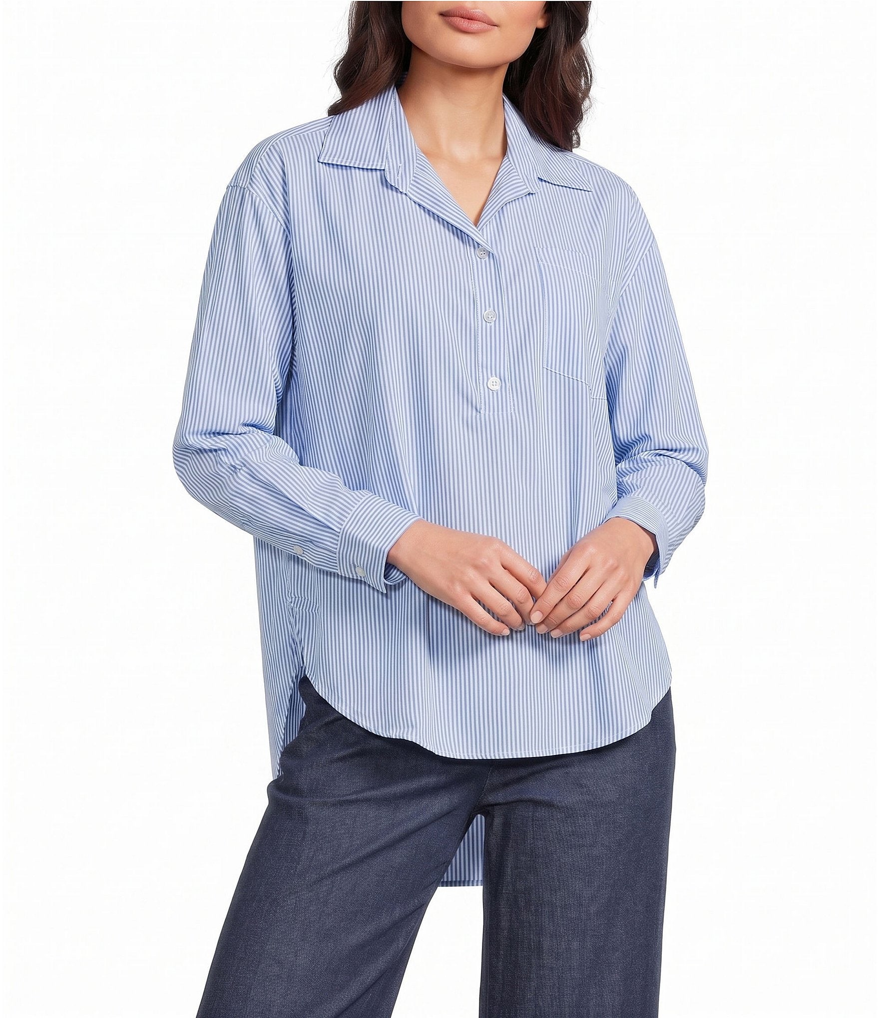 M Made in Italy Woven Poplin Jean Striped Point Collar Long Sleeve Tunic