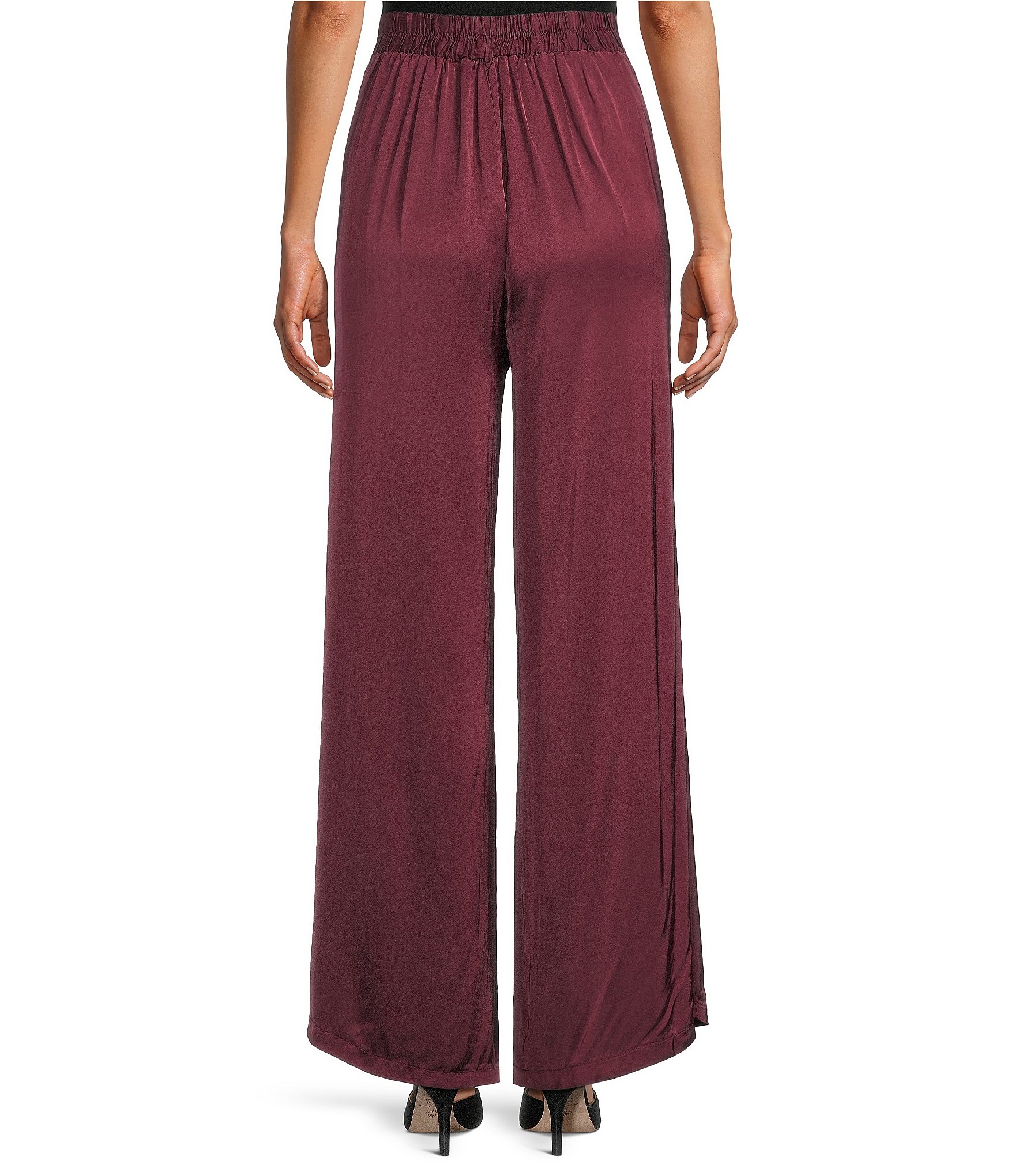 M Made in Italy Woven Satin High Rise Flat Front Wide Leg Pull On Pants