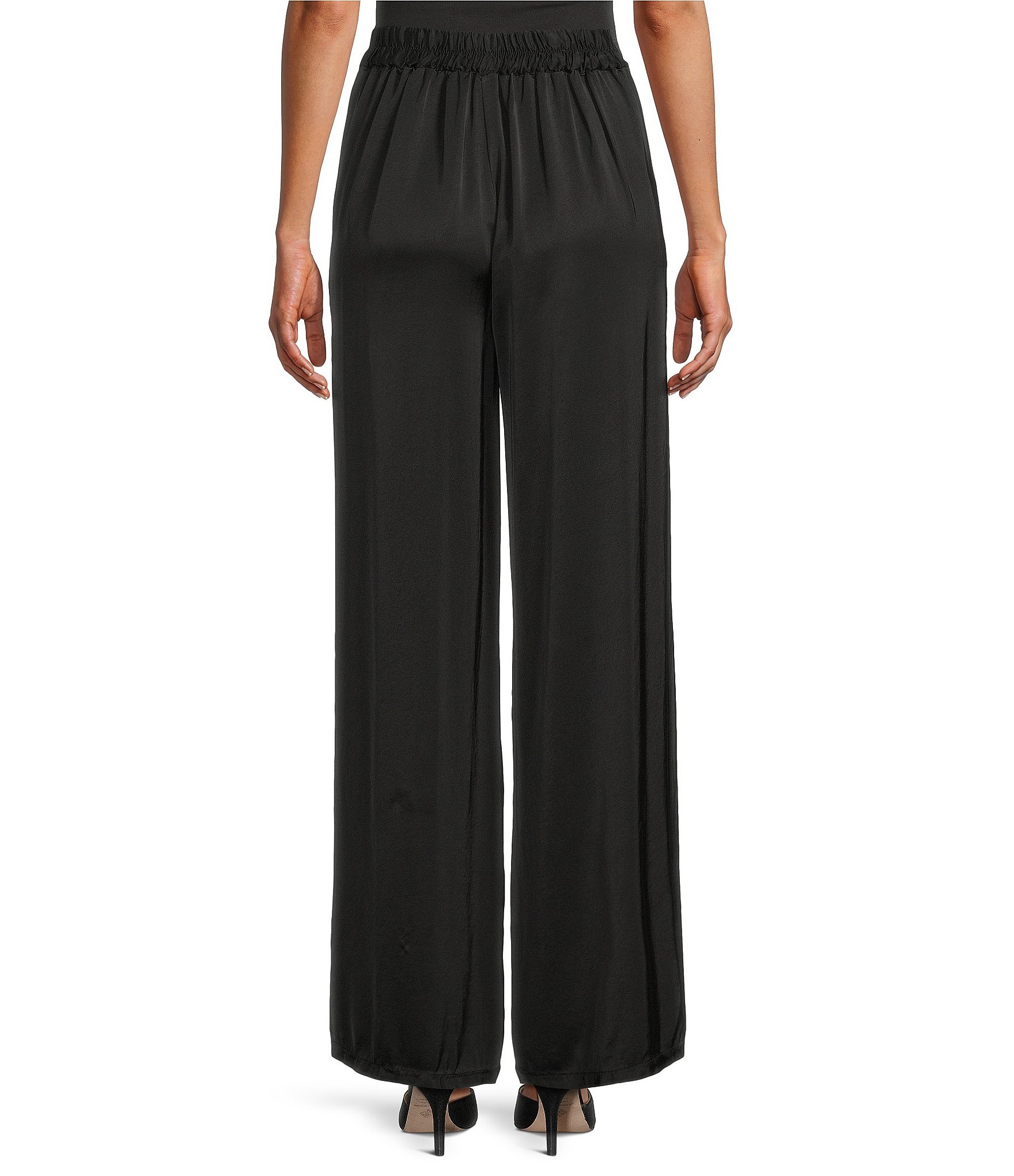 M Made in Italy Woven Satin High Rise Flat Front Wide Leg Pull On Pants