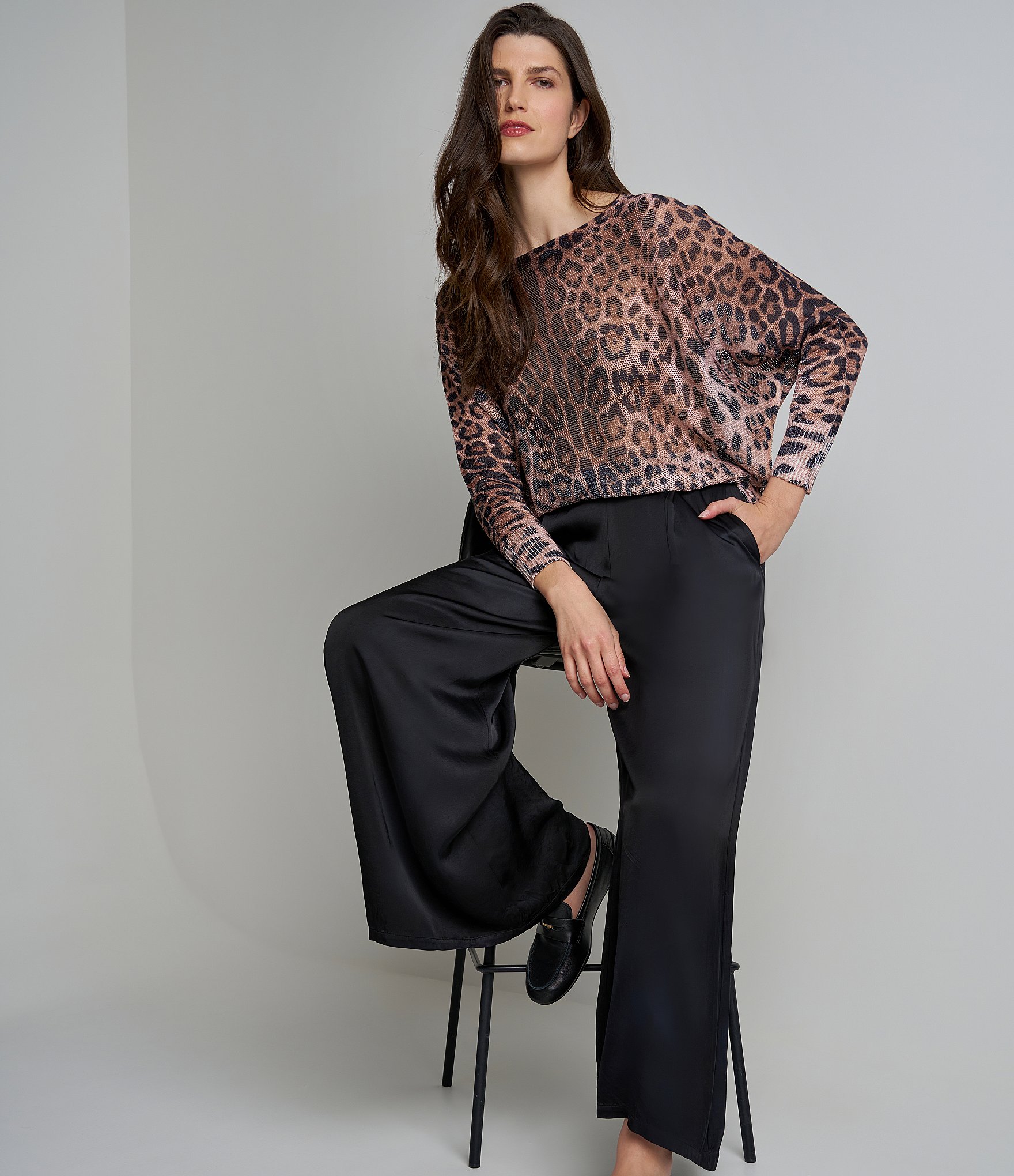 M Made in Italy Woven Satin High Rise Flat Front Wide Leg Pull On Pants