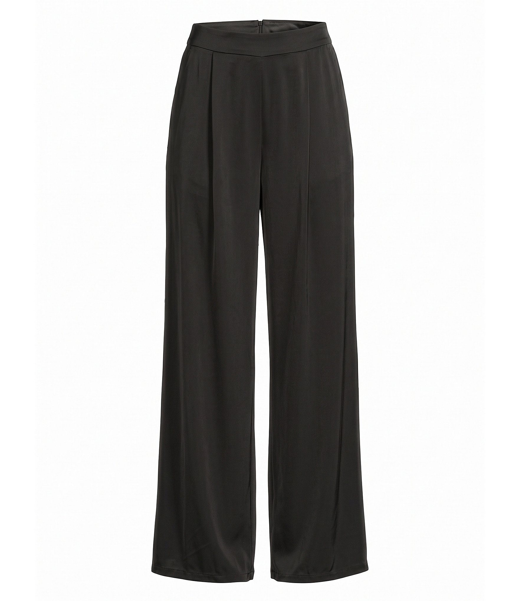 M Made in Italy Woven Satin High Rise Flat Front Wide Leg Pull On Pants