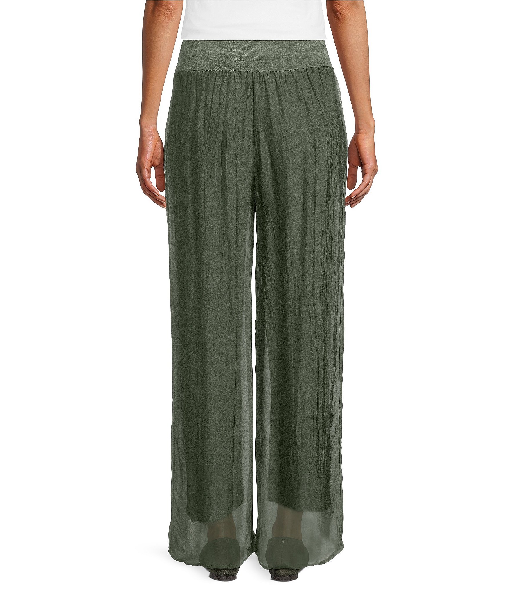 M Made in Italy Woven Silk Wide Leg Ankle Length Pull-On Coordinating Pants
