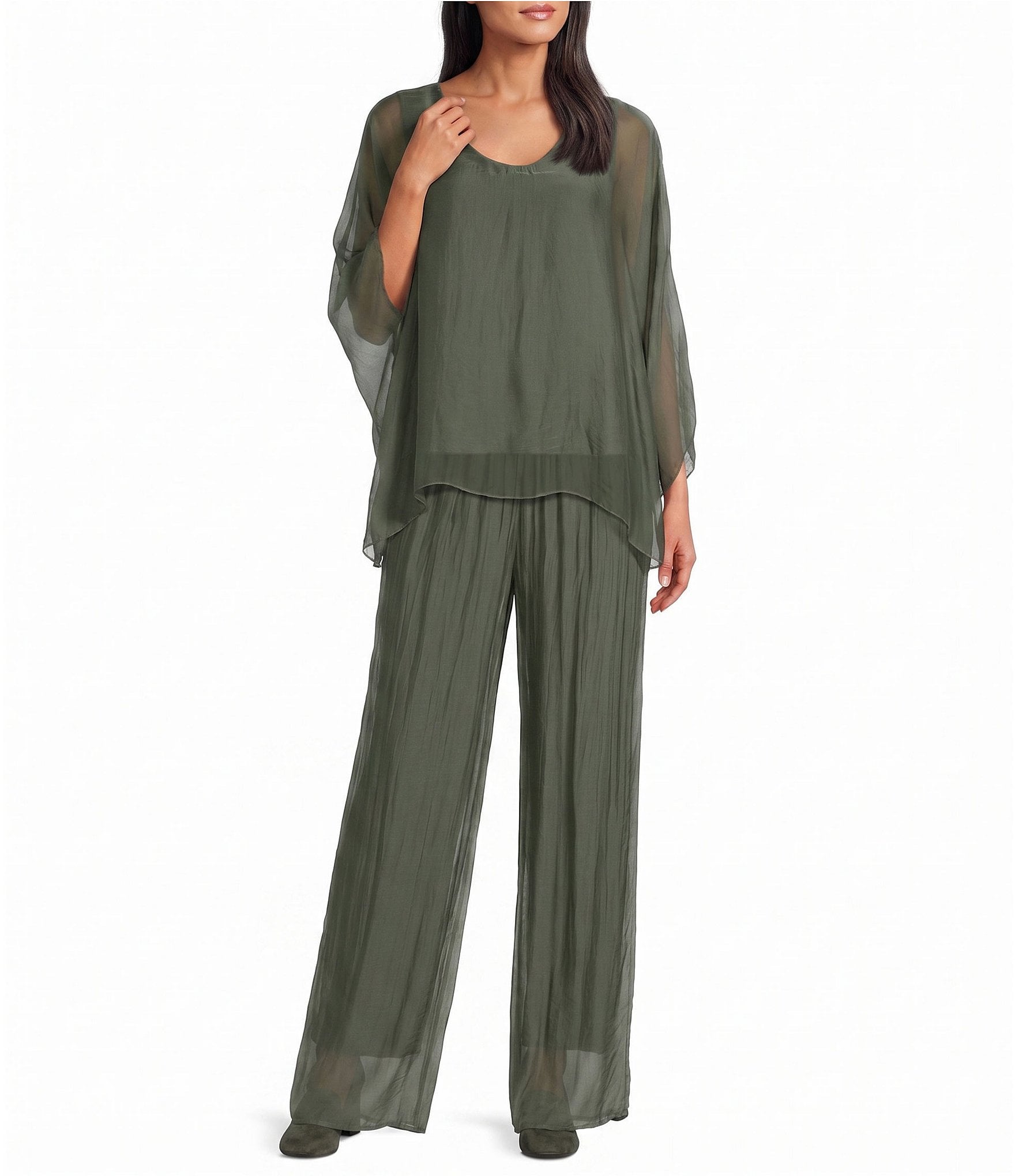 M Made in Italy Woven Silk Wide Leg Ankle Length Pull-On Coordinating Pants