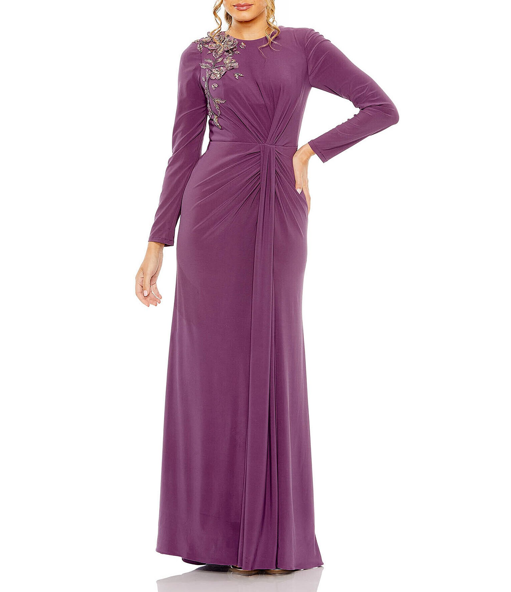 Mac Duggal Applique Long Sleeve Twisted Bodice Gown | Dillard's