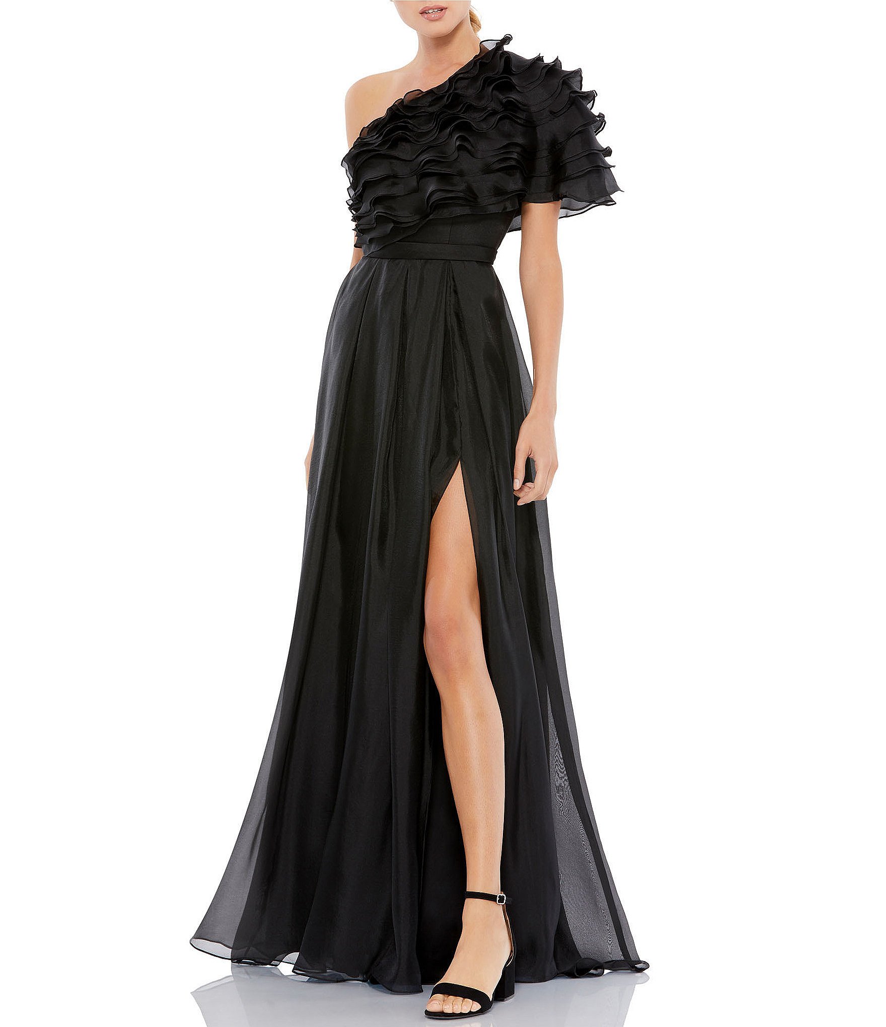 Mac Duggal Applique One Shoulder Short Sleeve A-Line Gown | Dillard's