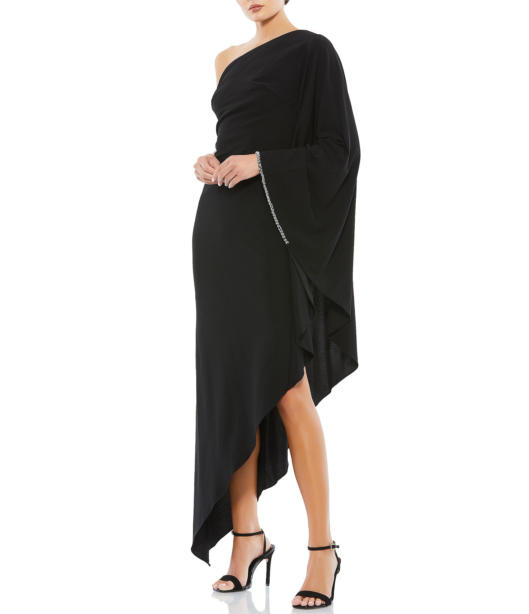 Mac Duggal Satin Ruffle Asymmetrical Neck Sleeveless Side Cut-Out High-Low  Gown | Dillard's