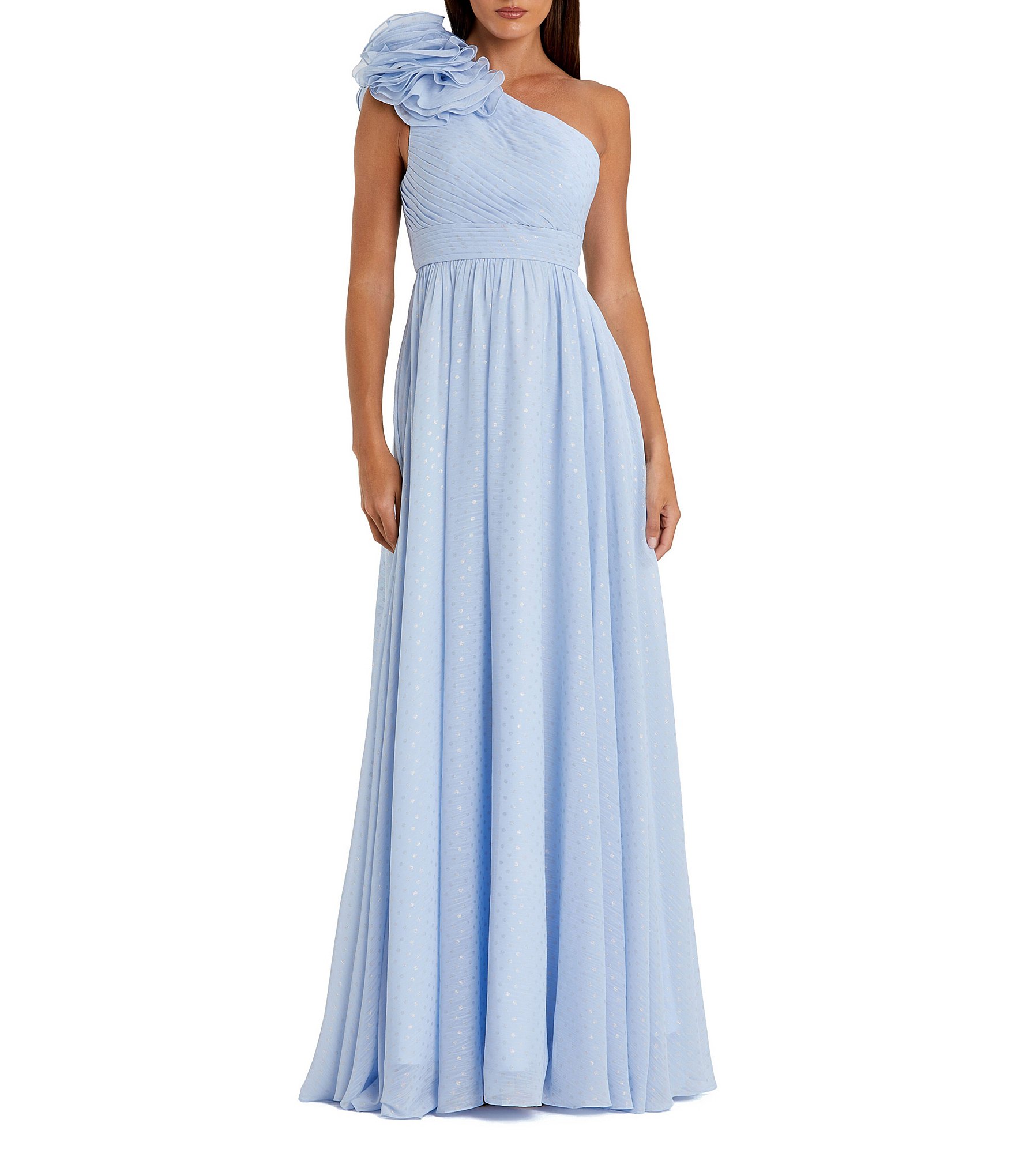 Mac Duggal Asymmetrical One Ruffle Shoulder Sleeveless A-Line Gown