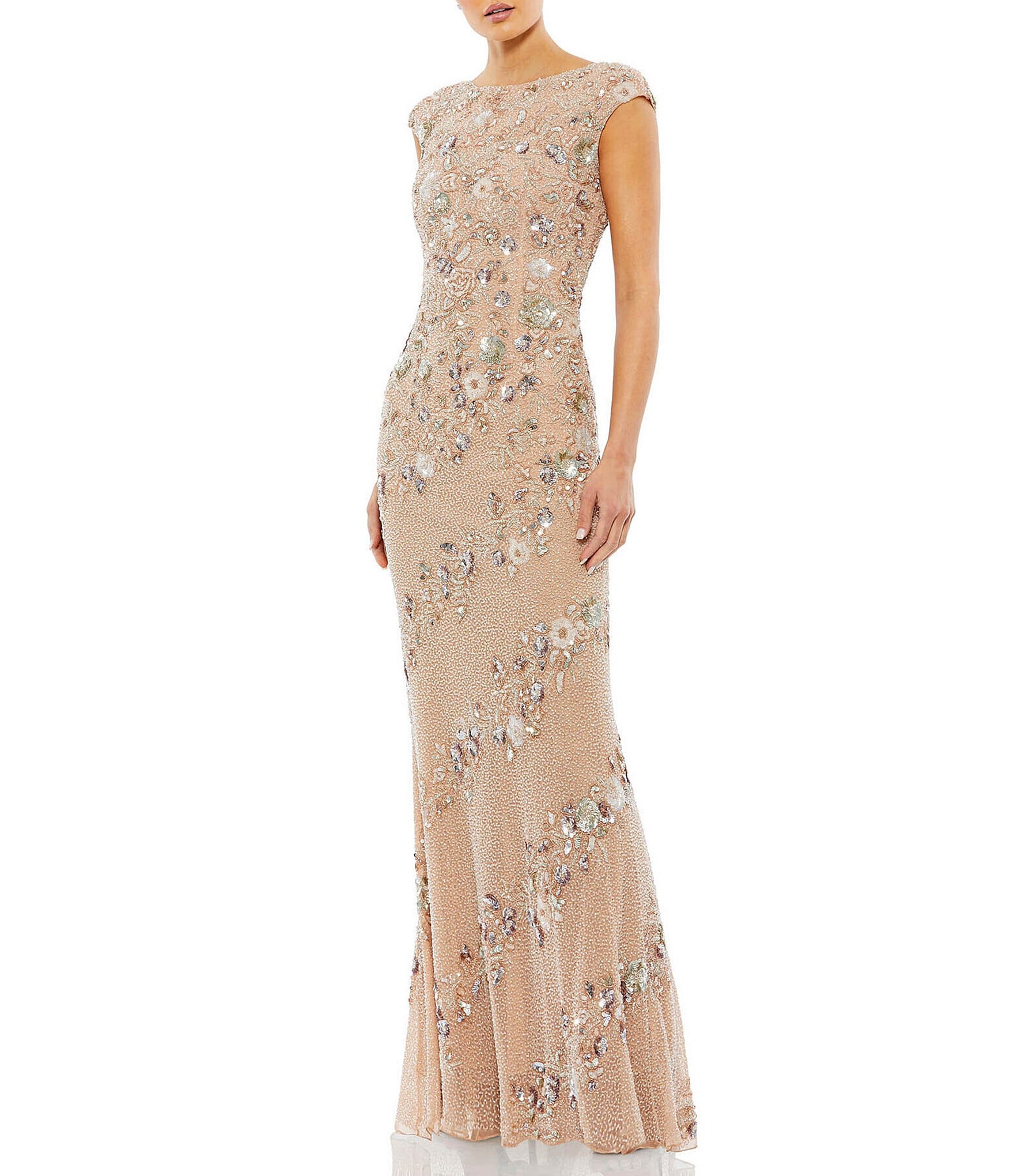 Mac Duggal Beaded Boat Neck Cap Sleeve Sheath Gown Dillards 5264