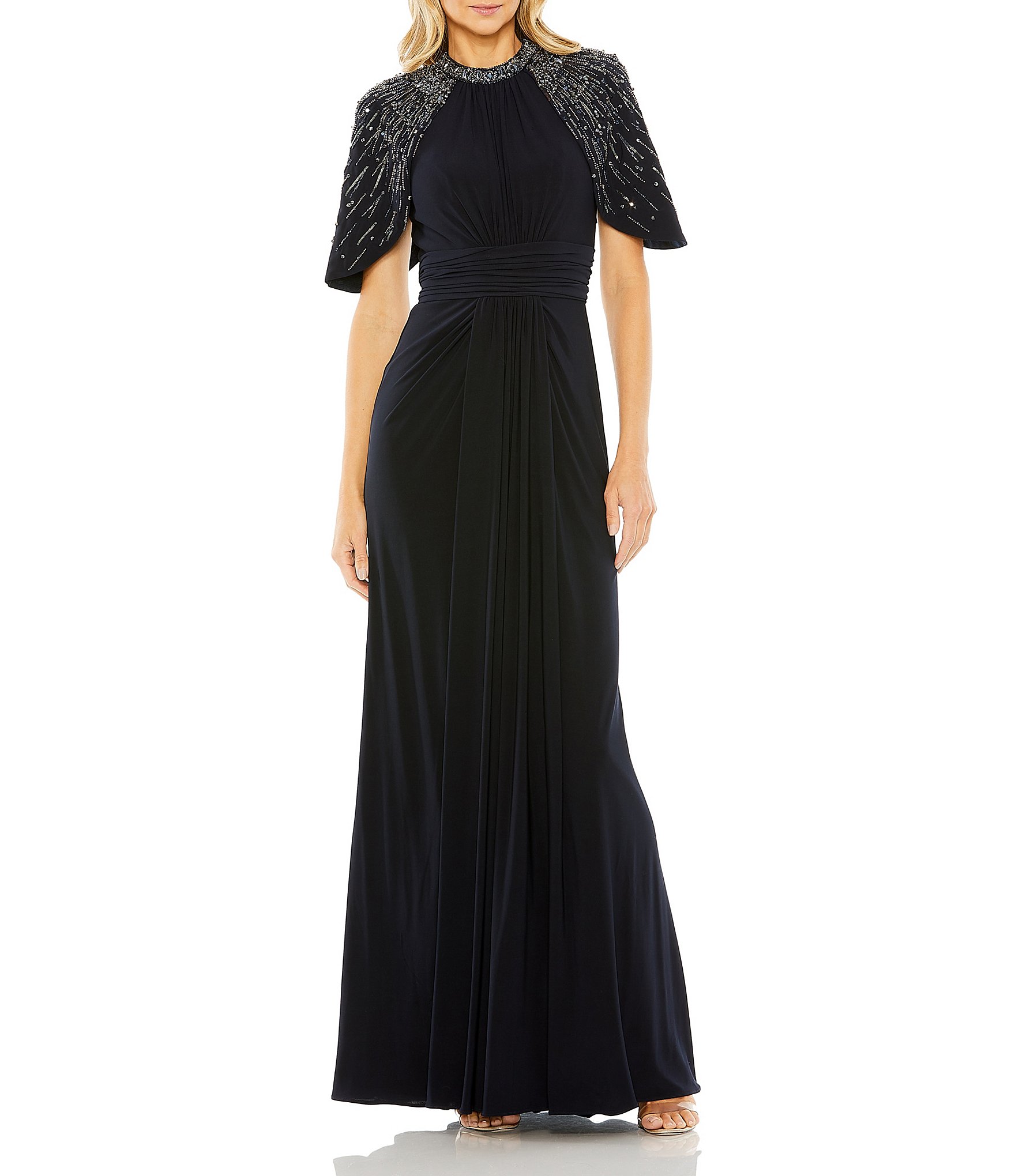 Mac Duggal Beaded Capelet Short Sleeve Ruched Waist Jersey Gown | Dillard's