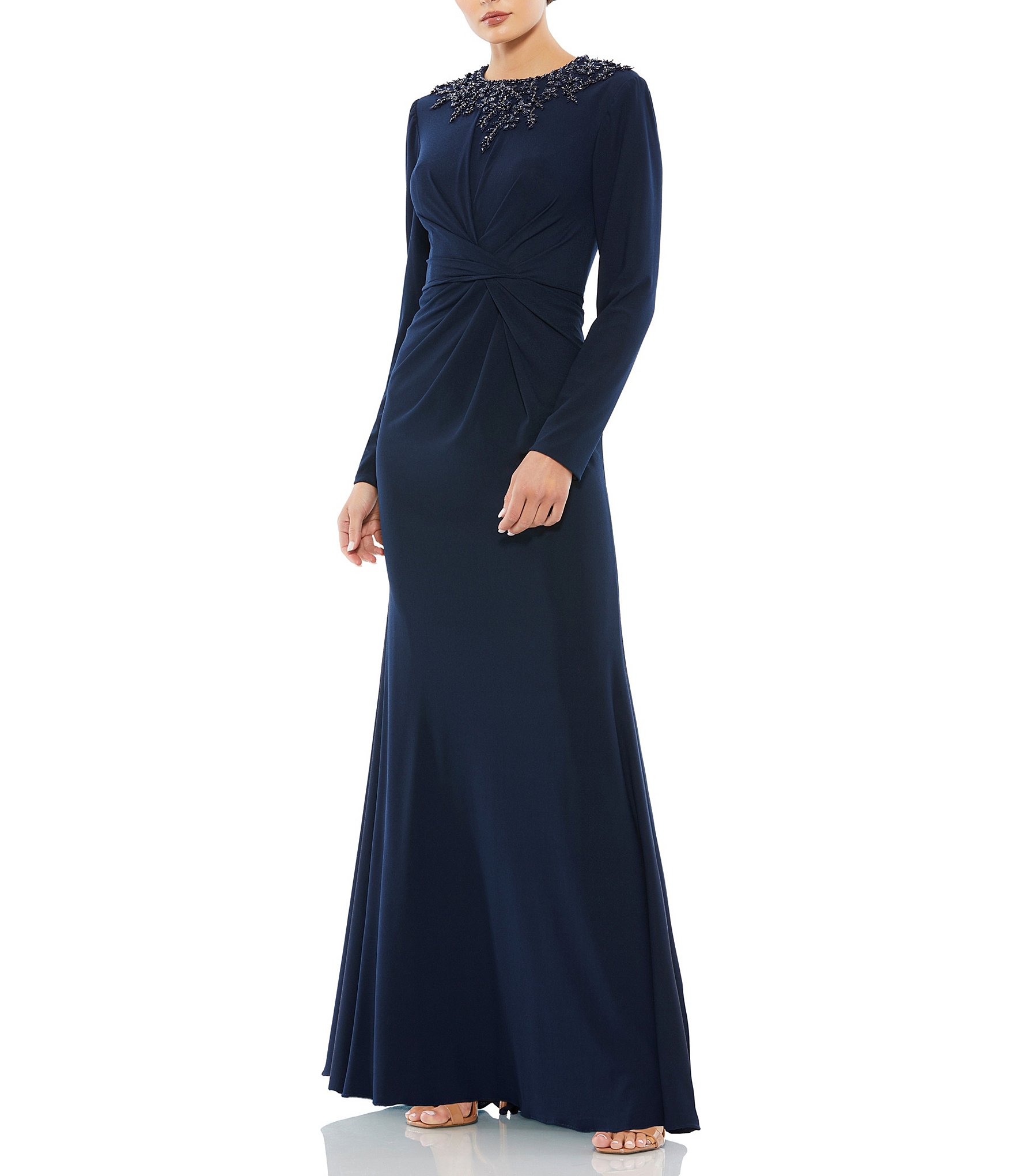 Mac Duggal Beaded Crew Neck Front Twist Long Sleeve Sheath Gown | Dillard's