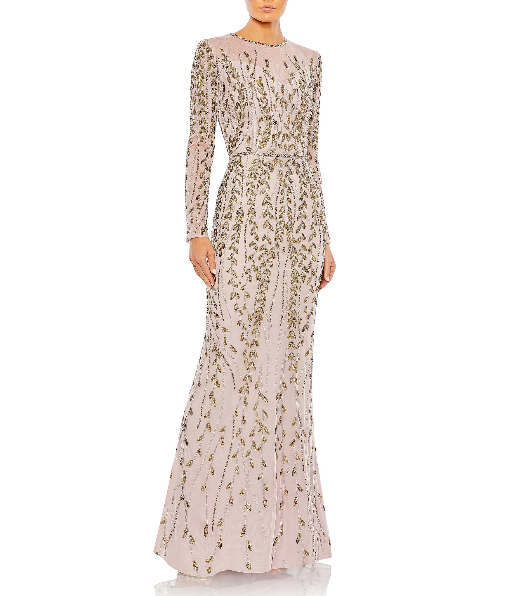 Mac Duggal Beaded Crew Neck Long Sleeve Gown | Dillard's