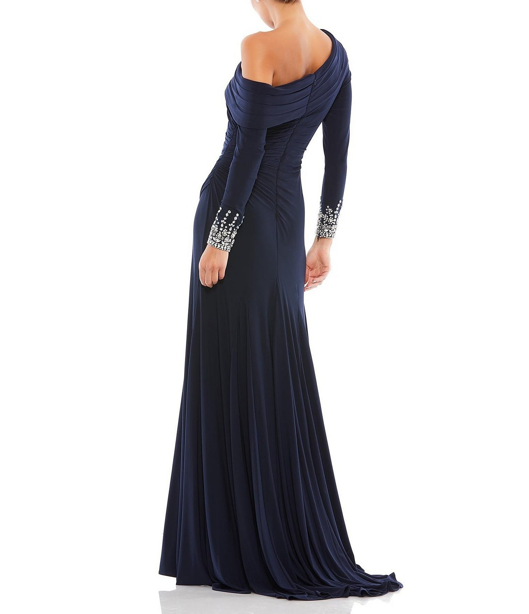 Mac Duggal Beaded Cuff Drop Shoulder Asymmetrical One Shoulder Long Sleeve Thigh High Slit Gown