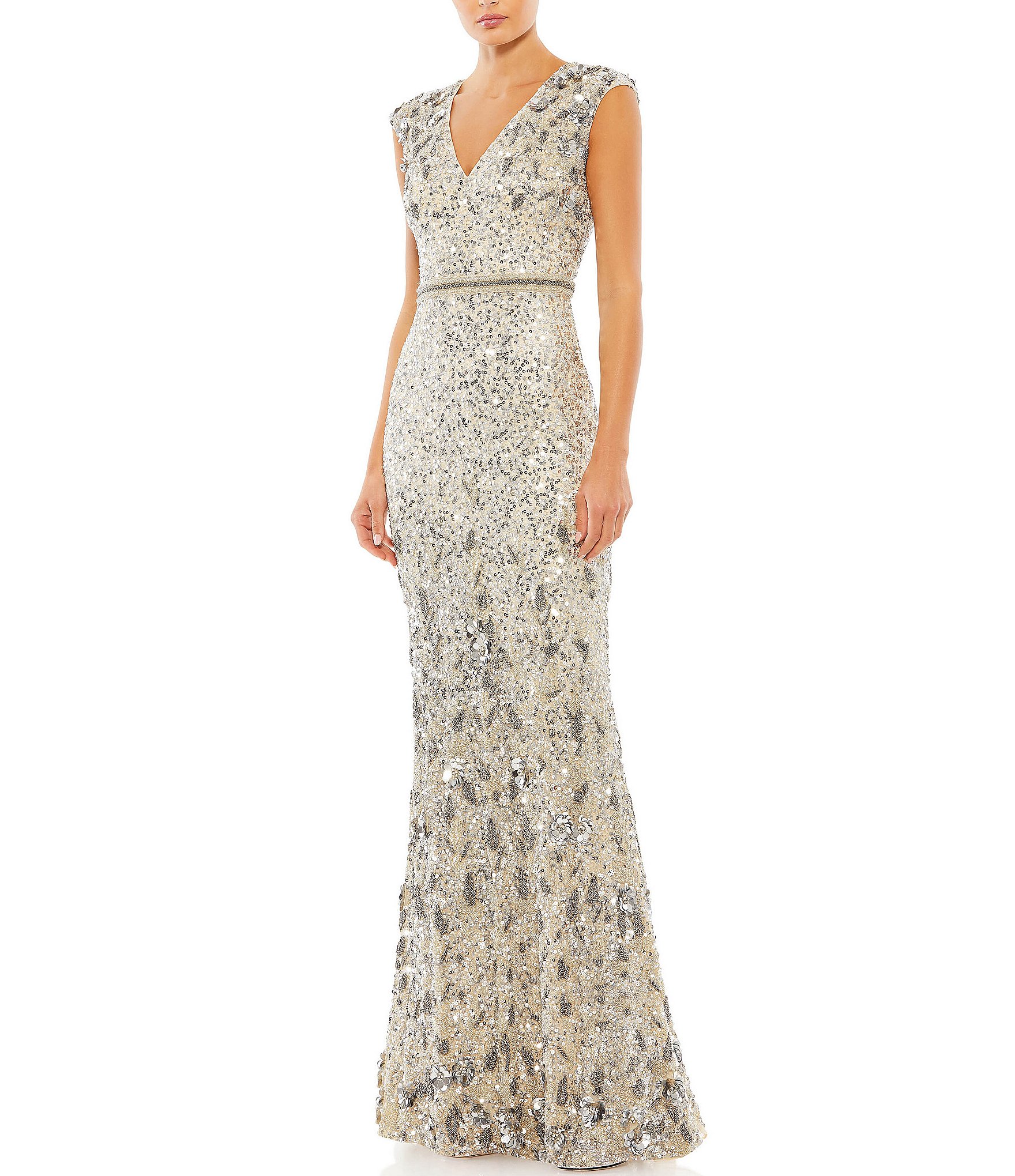 Mac Duggal Beaded Embellished Waist V-Neck Cap Sleeve Gown | Dillard's