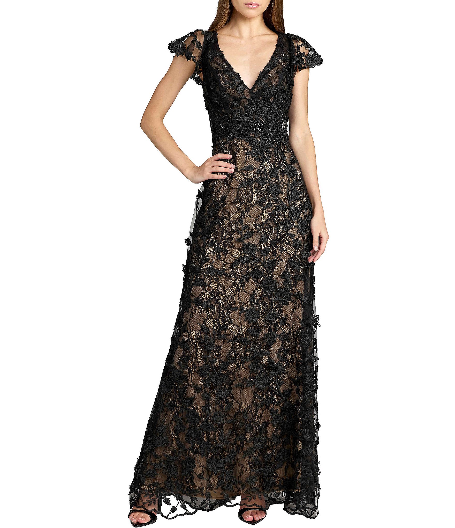 Mac Duggal Beaded Embroidered V-Neck Flutter Sleeve Gown