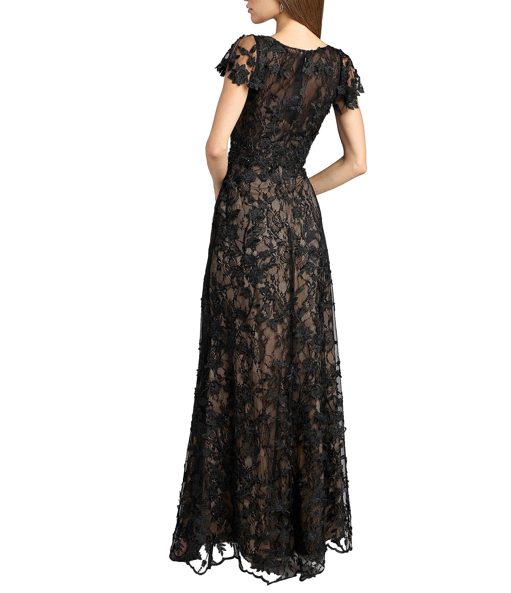 Mac Duggal Beaded Embroidered V-Neck Flutter Sleeve Gown