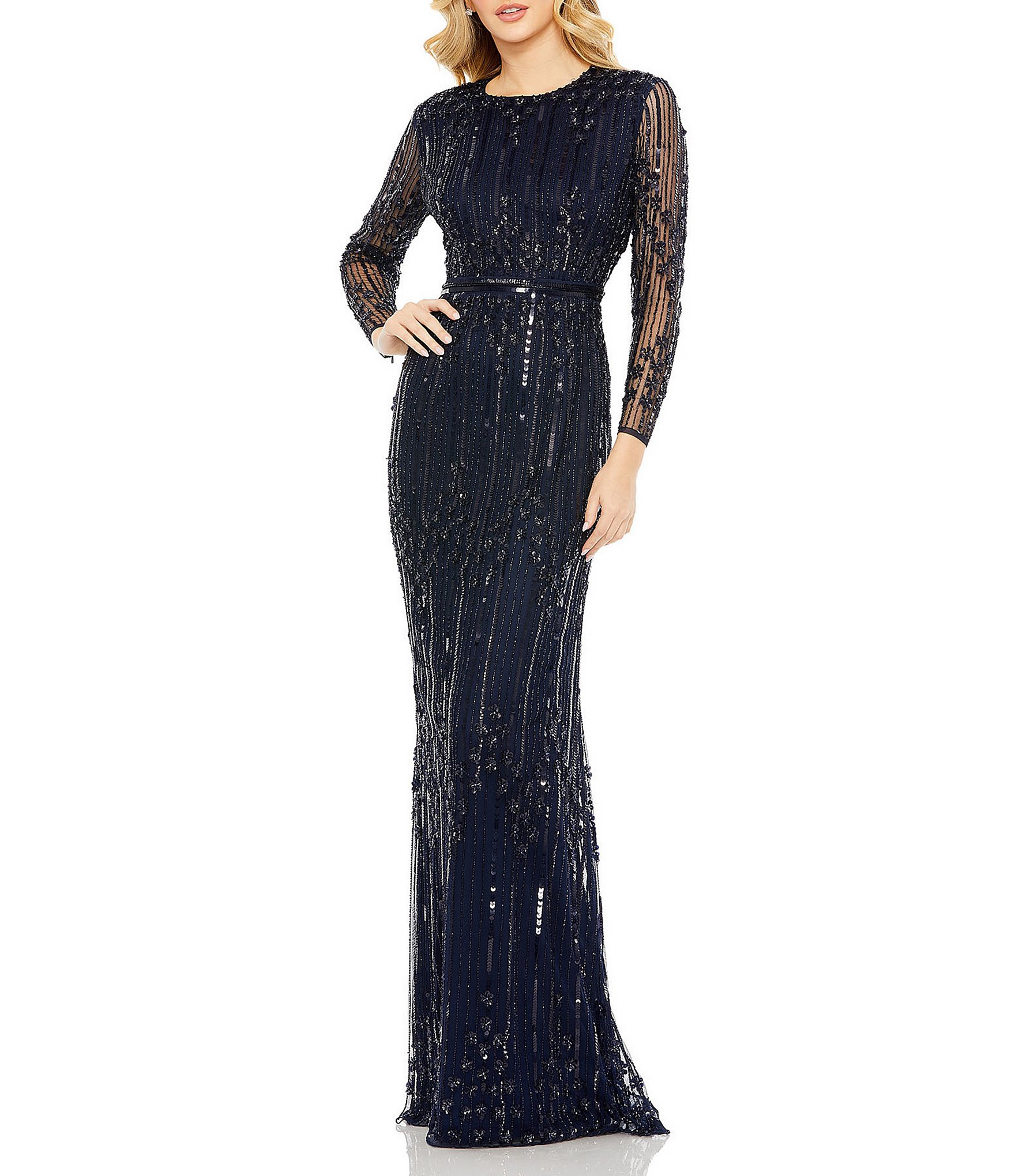 Mac Duggal Beaded Crew Neck Illusion Long Sleeve Sheath Gown Dillards 6323