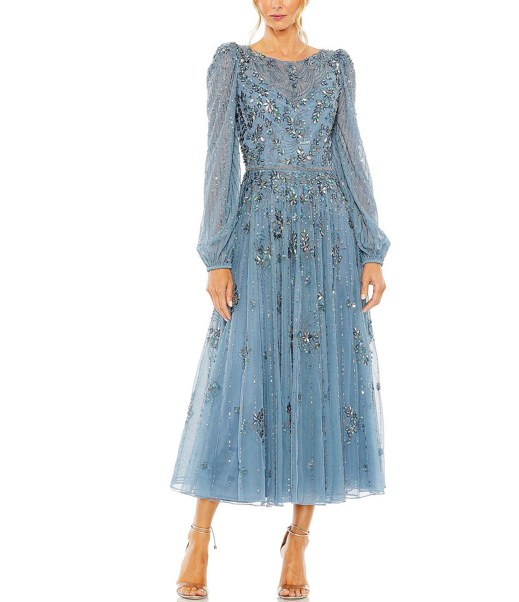 Mac Duggal Beaded Long Puffed Sleeve A-Line Dress | Dillard's
