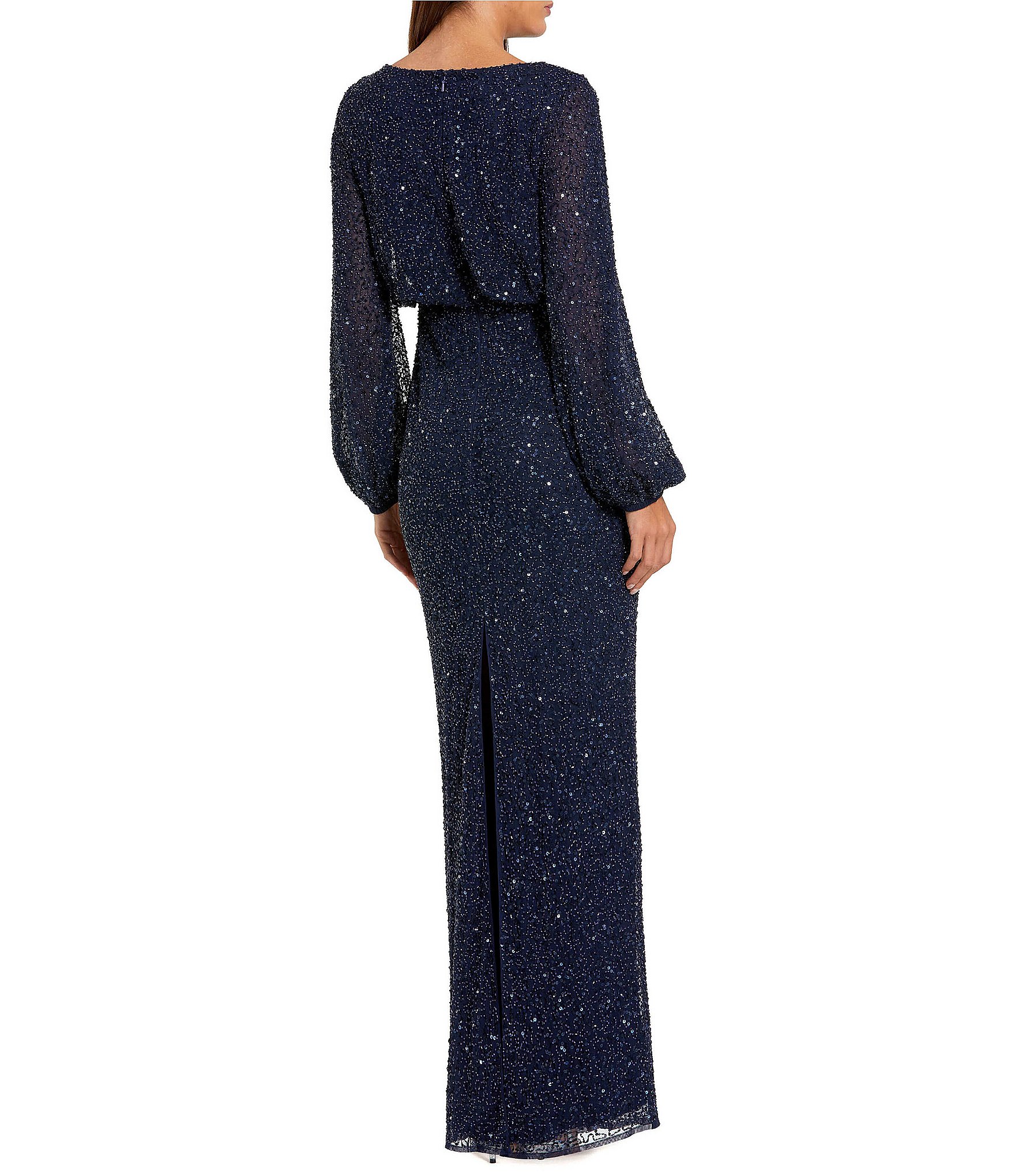 Mac Duggal Beaded Mesh Long Sleeve Blouson Gown