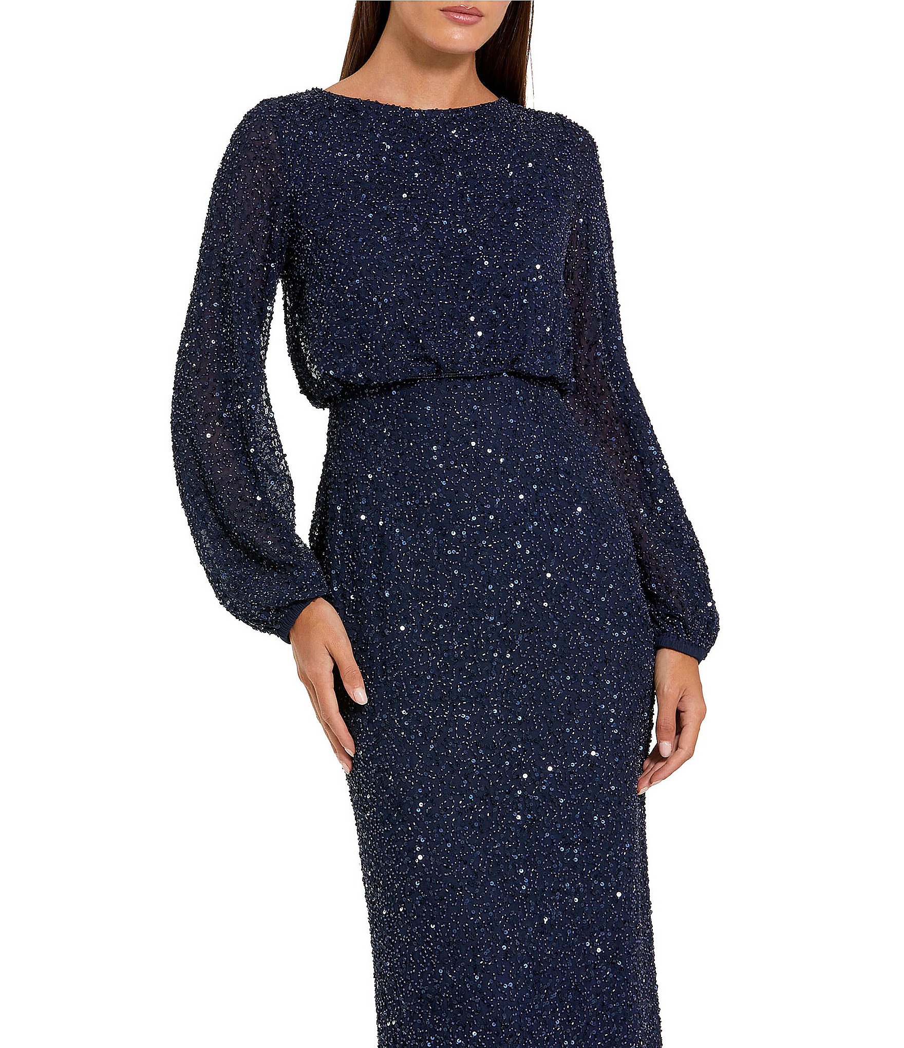 Mac Duggal Beaded Mesh Long Sleeve Blouson Gown