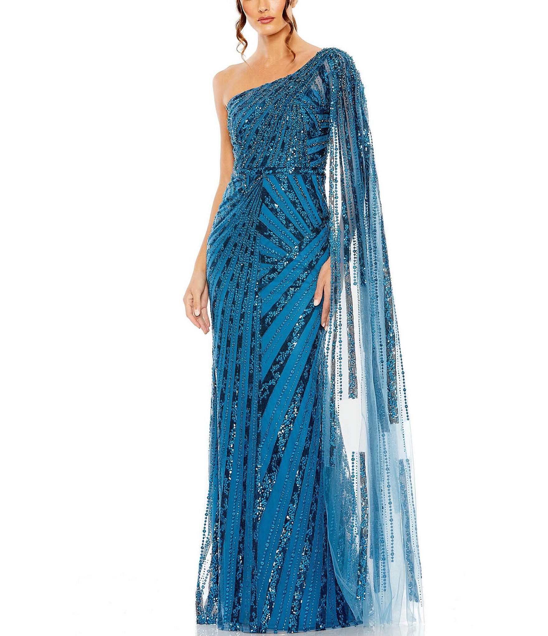 Mac Duggal Beaded One Shoulder Cape Sleeve Gown Dillard s