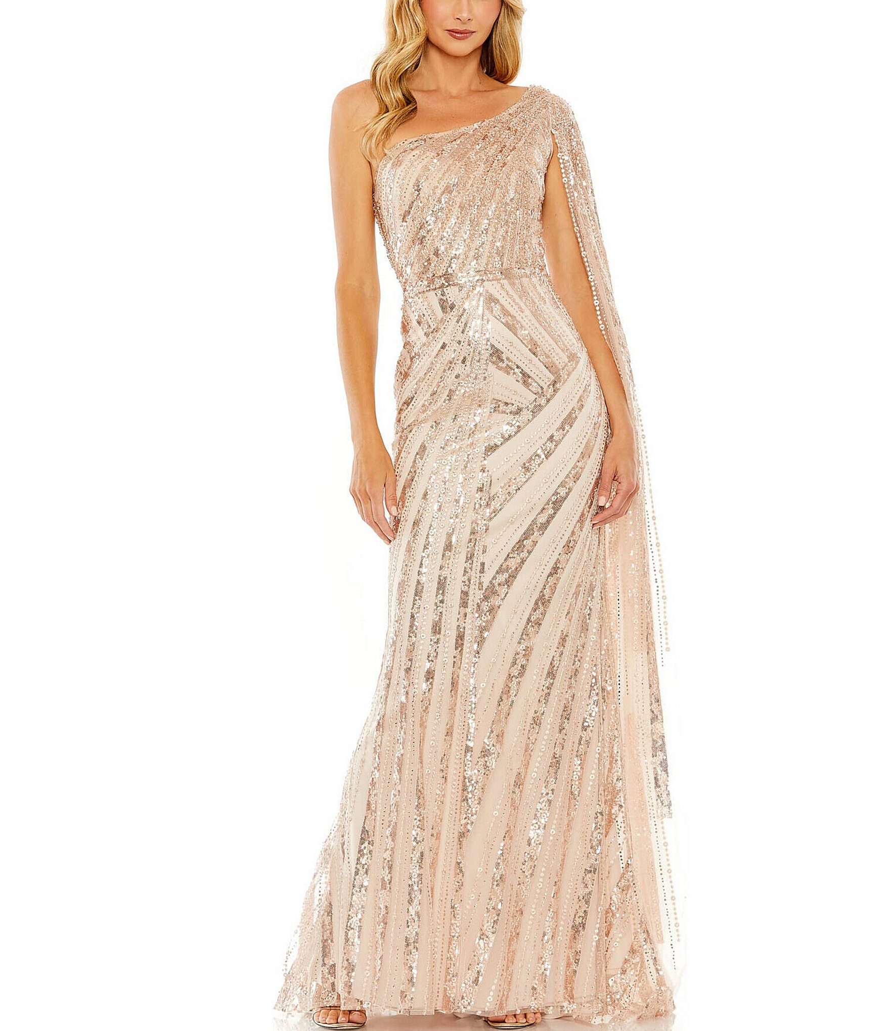 Mac Duggal Beaded One Shoulder Cape Sleeve Gown | Dillard's