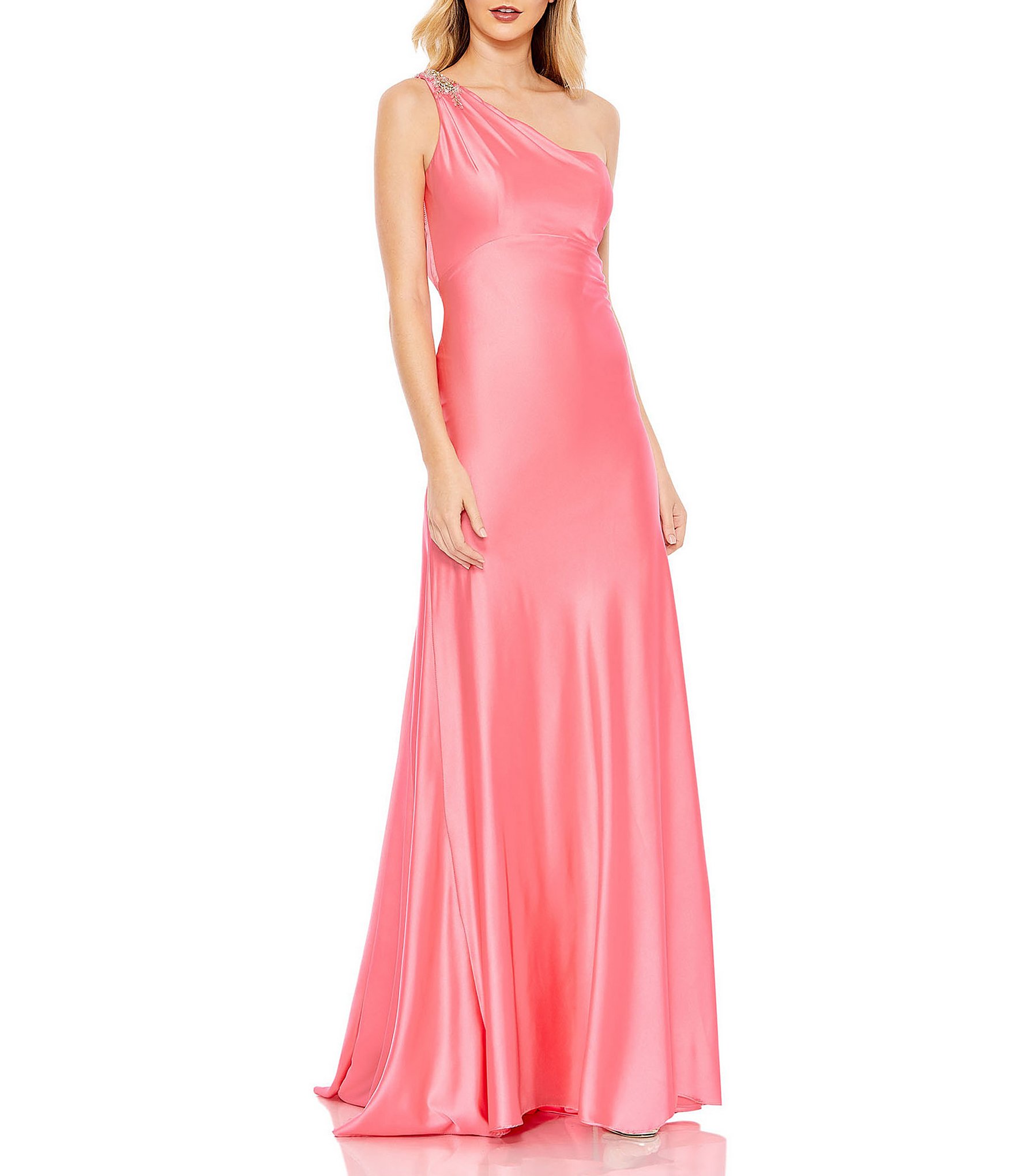 Mac Duggal Beaded One Shoulder Cut Out Back Satin Gown Dillards