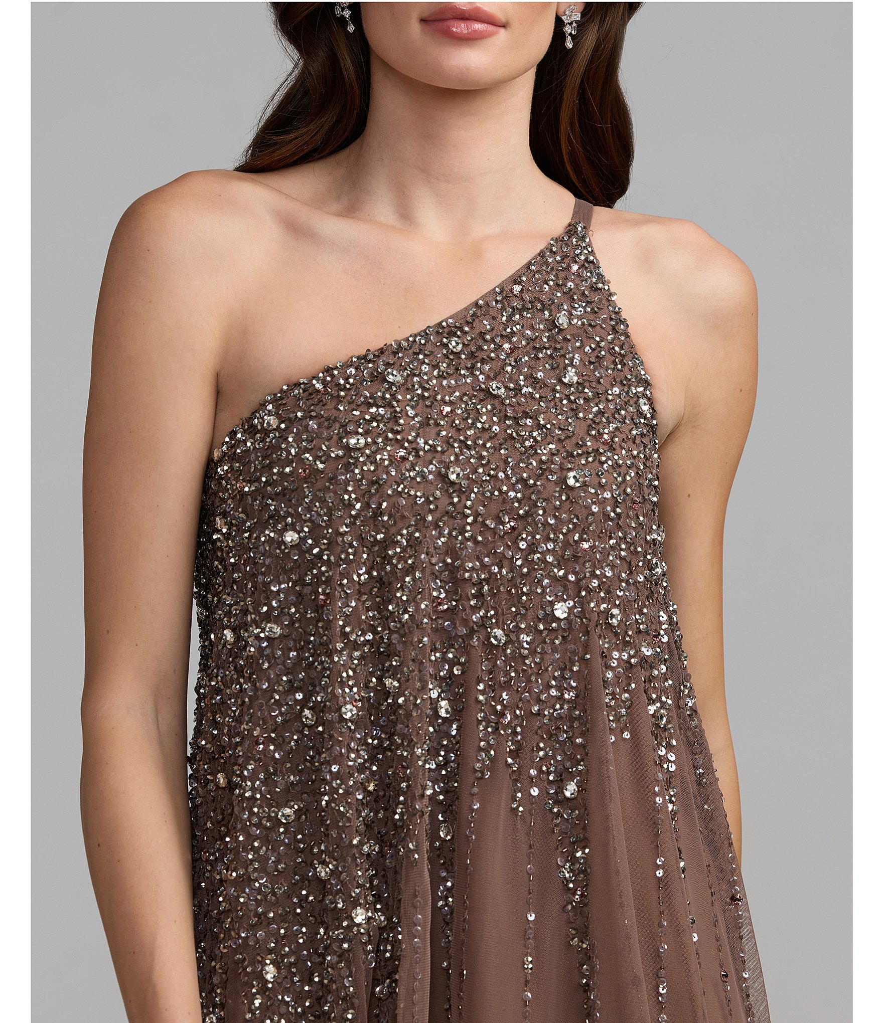 Mac Duggal Beaded One Shoulder Sleeveless Beaded Gown