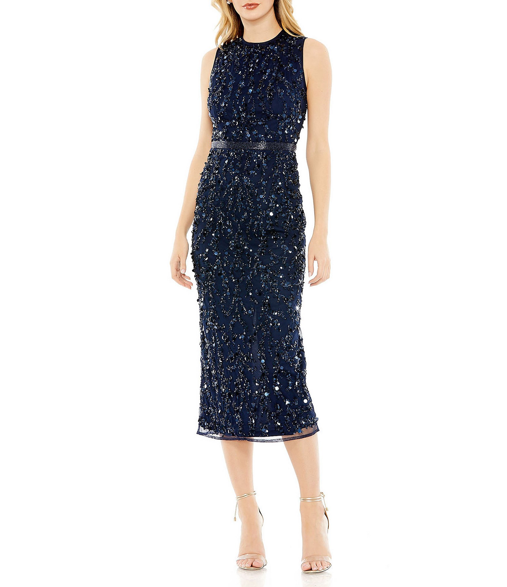 Mac Duggal Beaded Sequin Jewel Neck Midi Sheath Dress | Dillard's