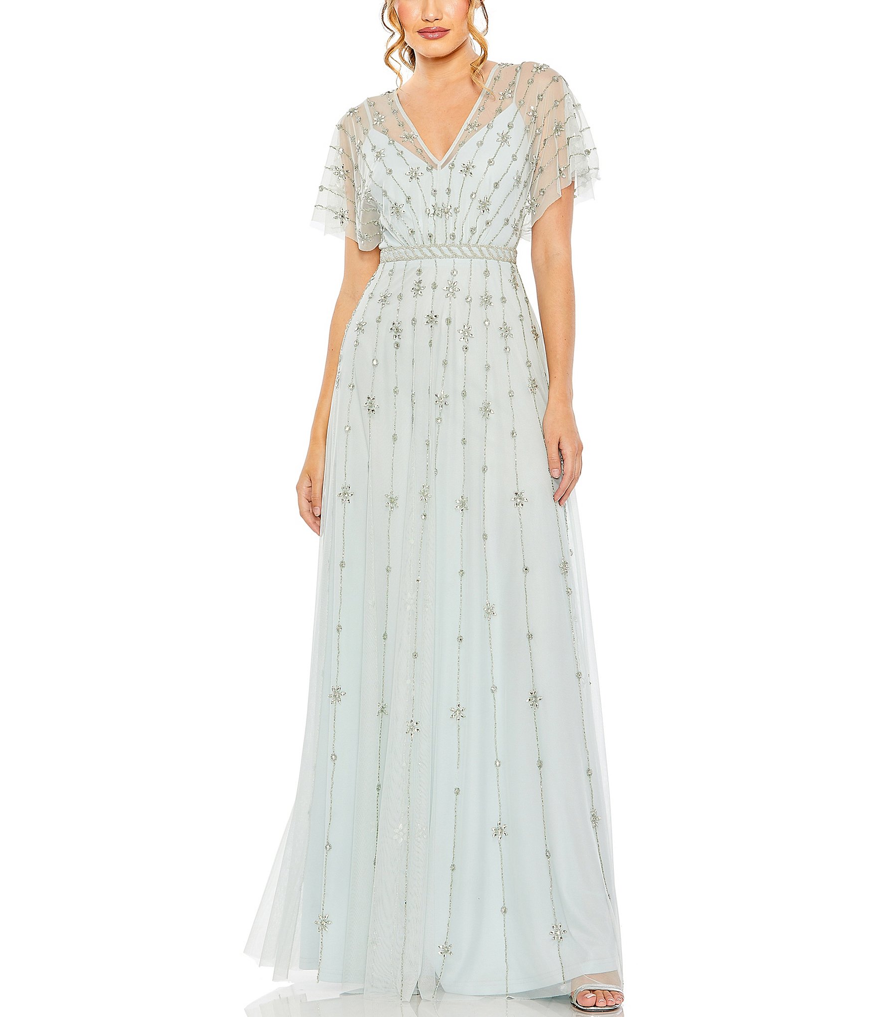 Mac Duggal Beaded V-Neck Short Flutter Sleeve A-Line Gown | Dillard's