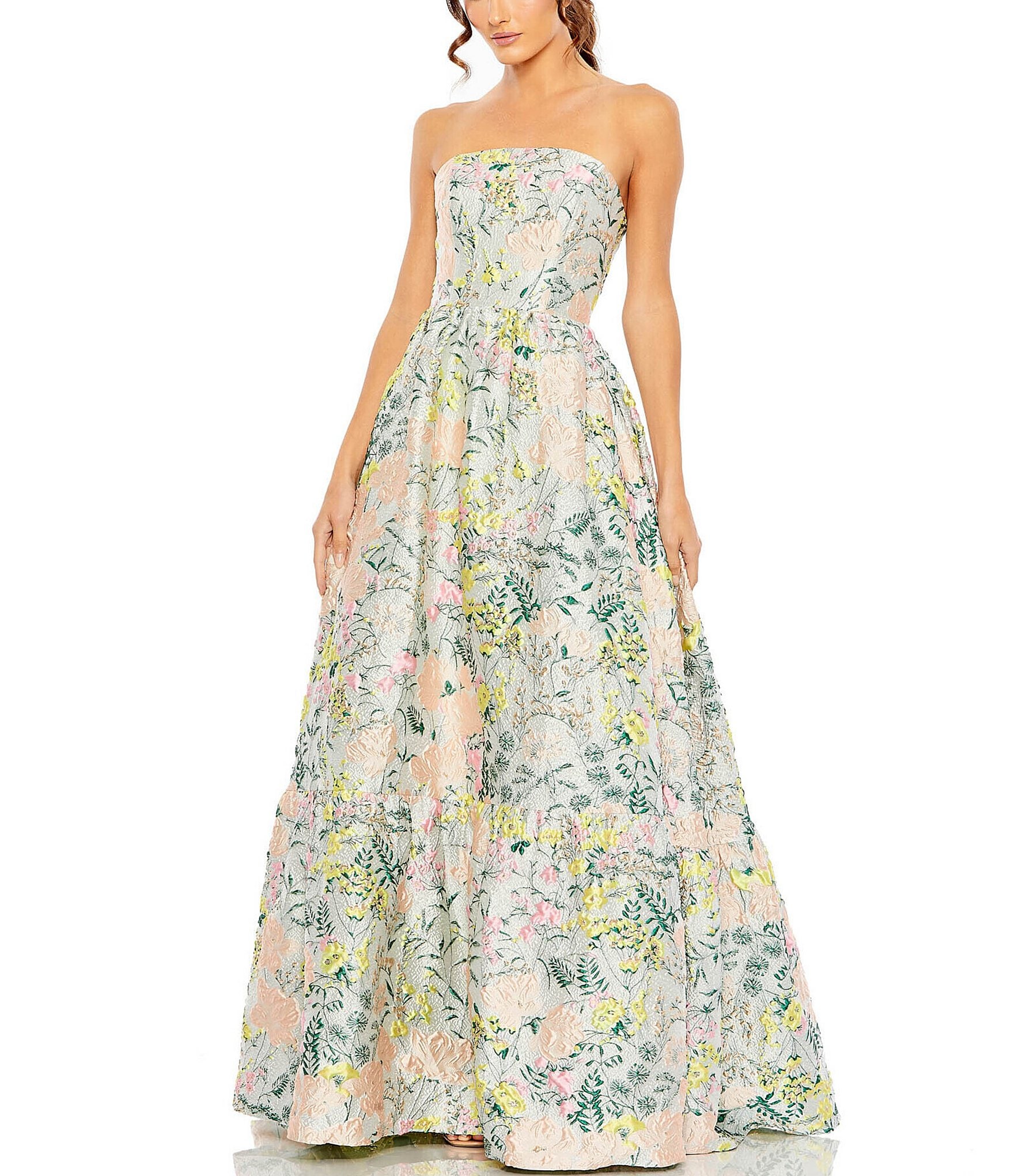 Mac Duggal Brocade Floral Print Strapless A-Line Gown | Dillard's