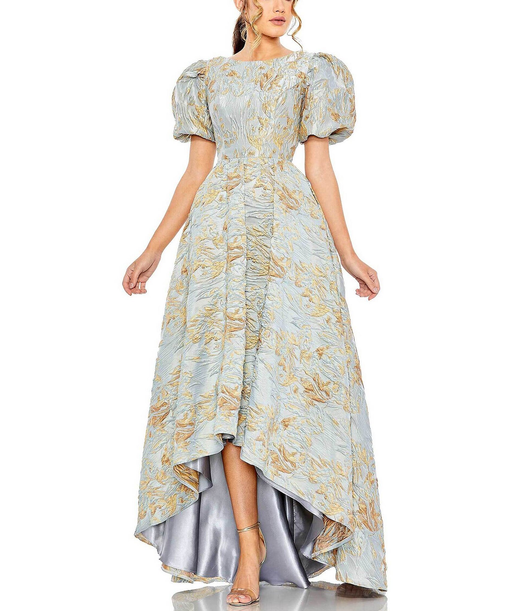 Midi party dress with brocade fabric and flounce sleeves | INVITADISIMA