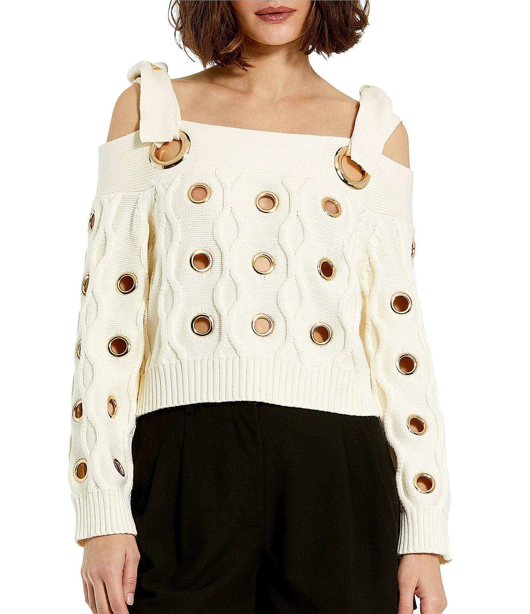 Mac Duggal Cable Knit Off-the-Shoulder Long Sleeve Grommet Cropped Sweater | Dillard's