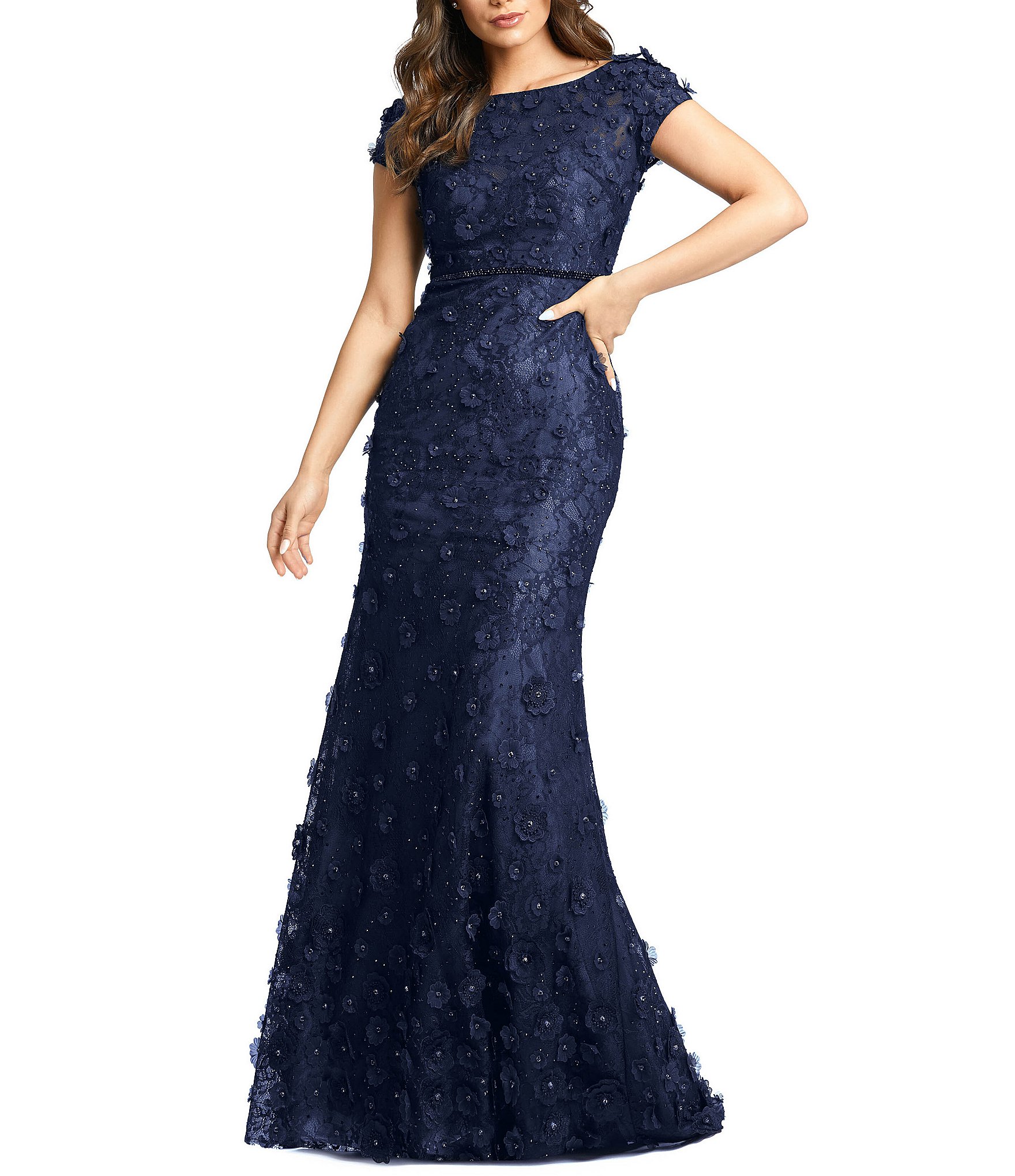 Mac Duggal Cap Sleeve 3D Applique Lace Trumpet Gown | Dillard's