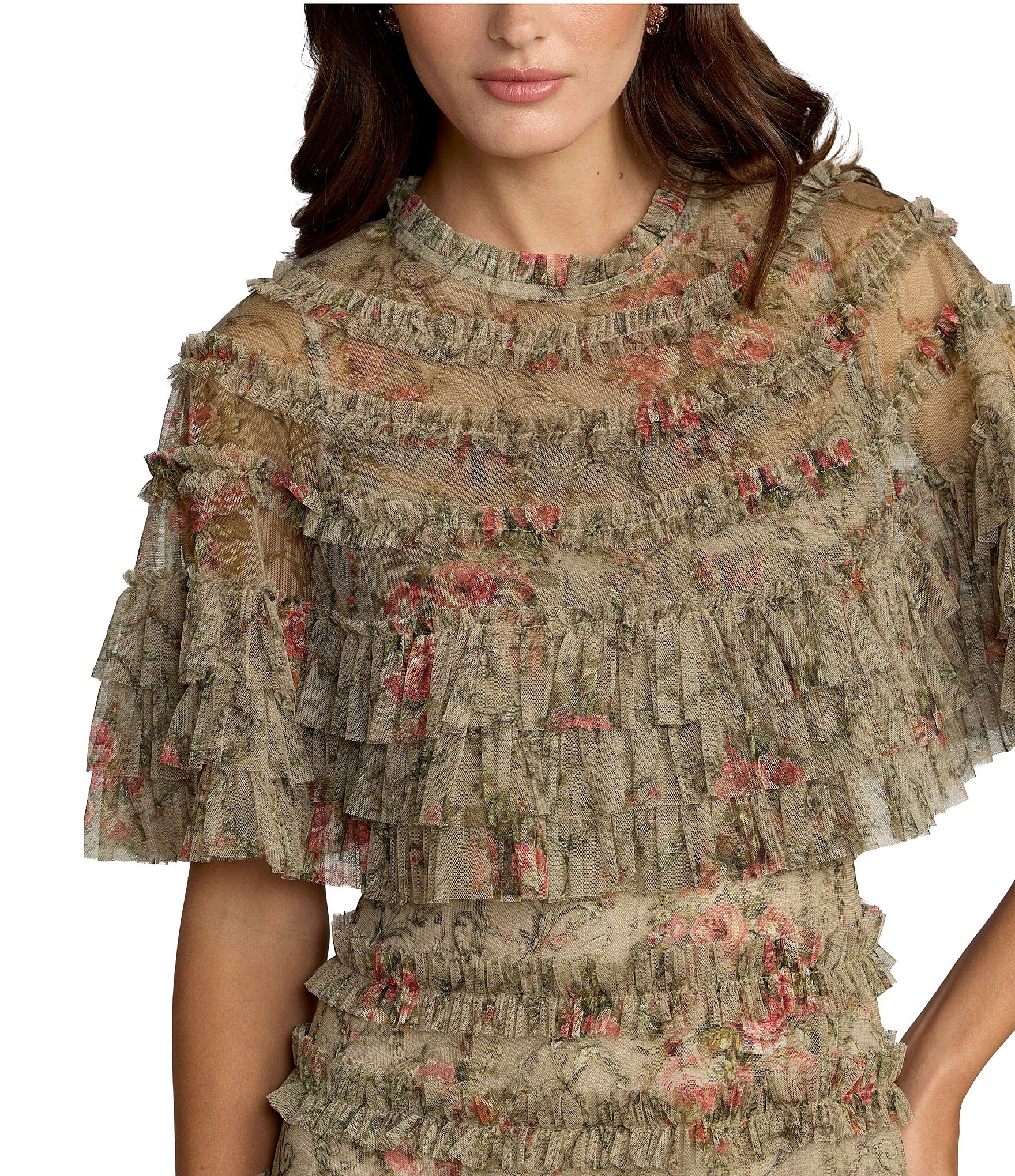 Mac Duggal Capelet Floral Print Micro Ruffle Midi Dress