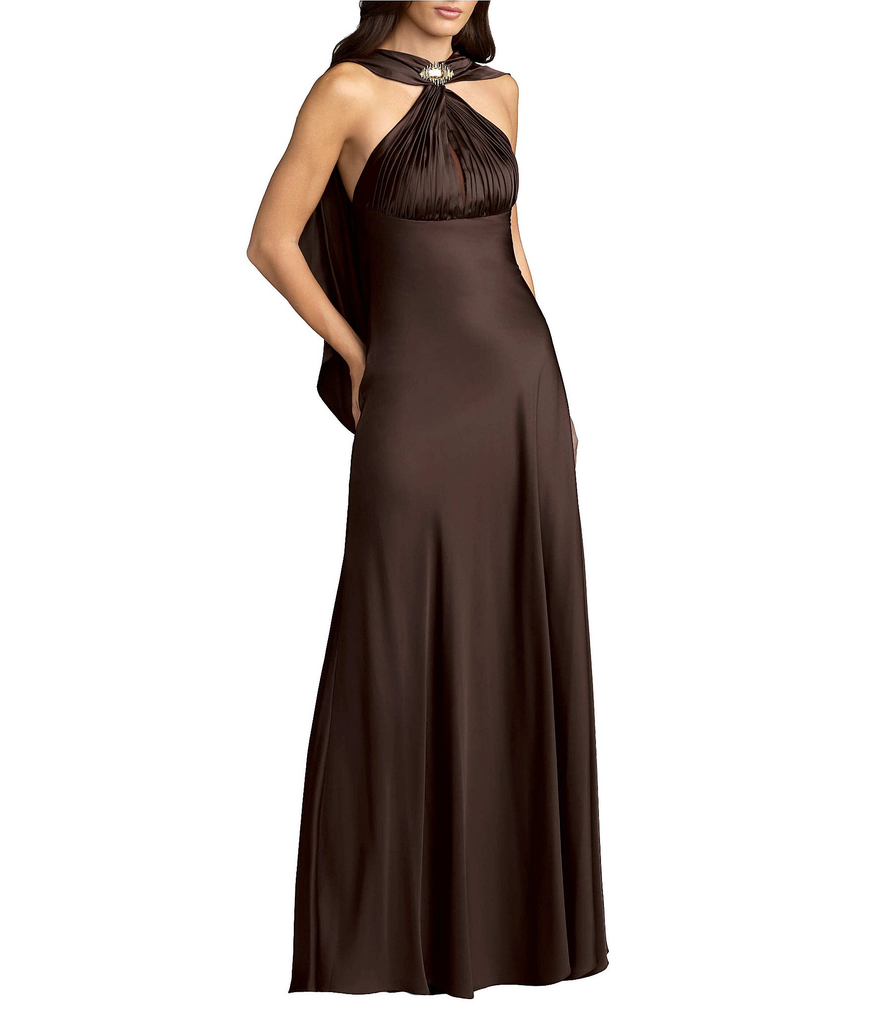 Mac Duggal Charmeuse Halter Back Cowl Gown
