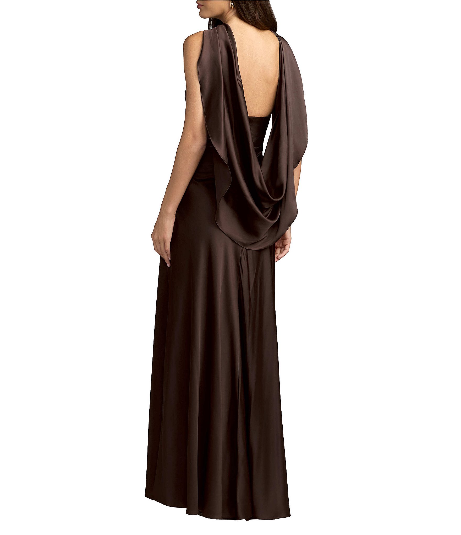 Mac Duggal Charmeuse Halter Back Cowl Gown