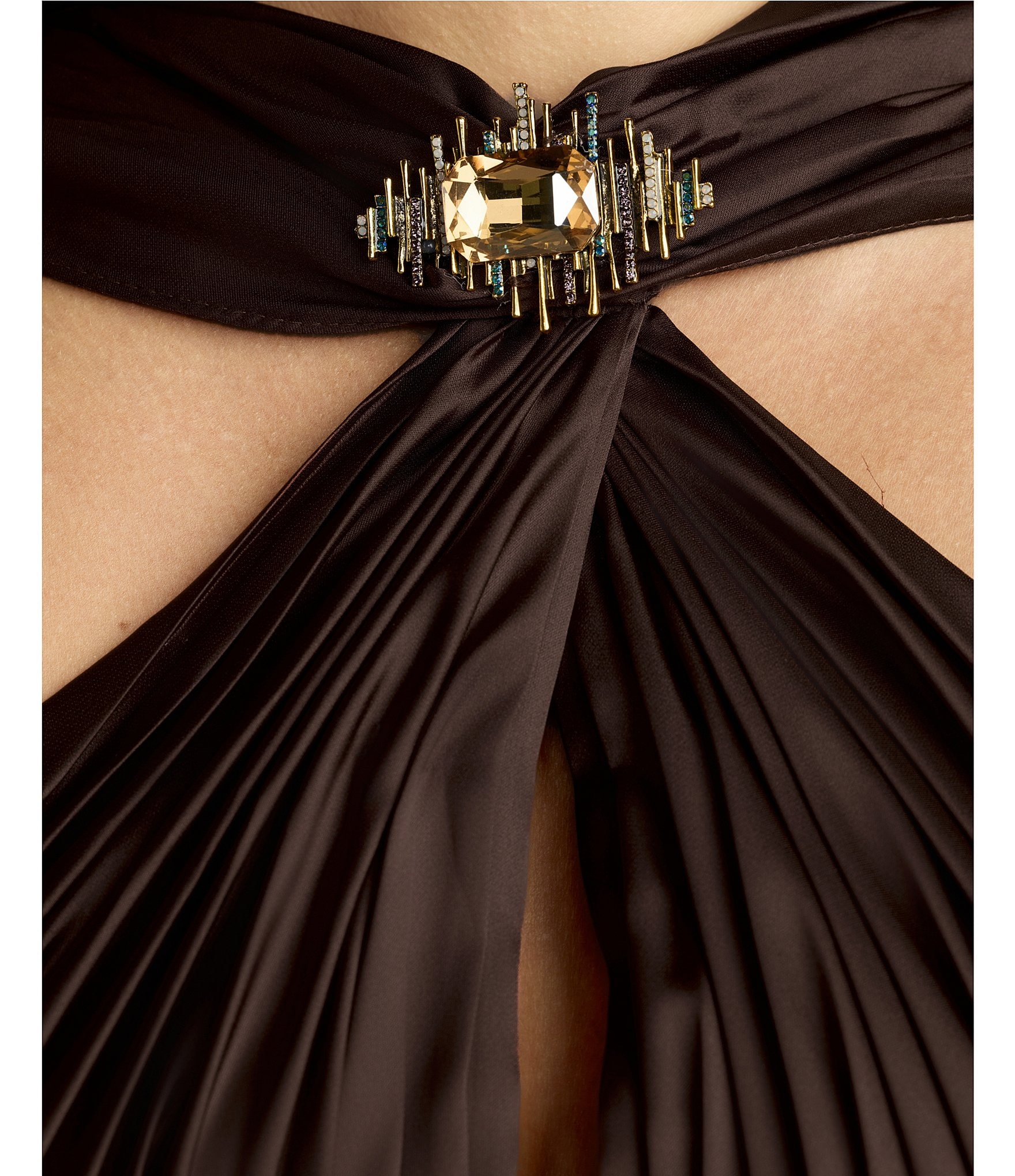 Mac Duggal Charmeuse Halter Back Cowl Gown