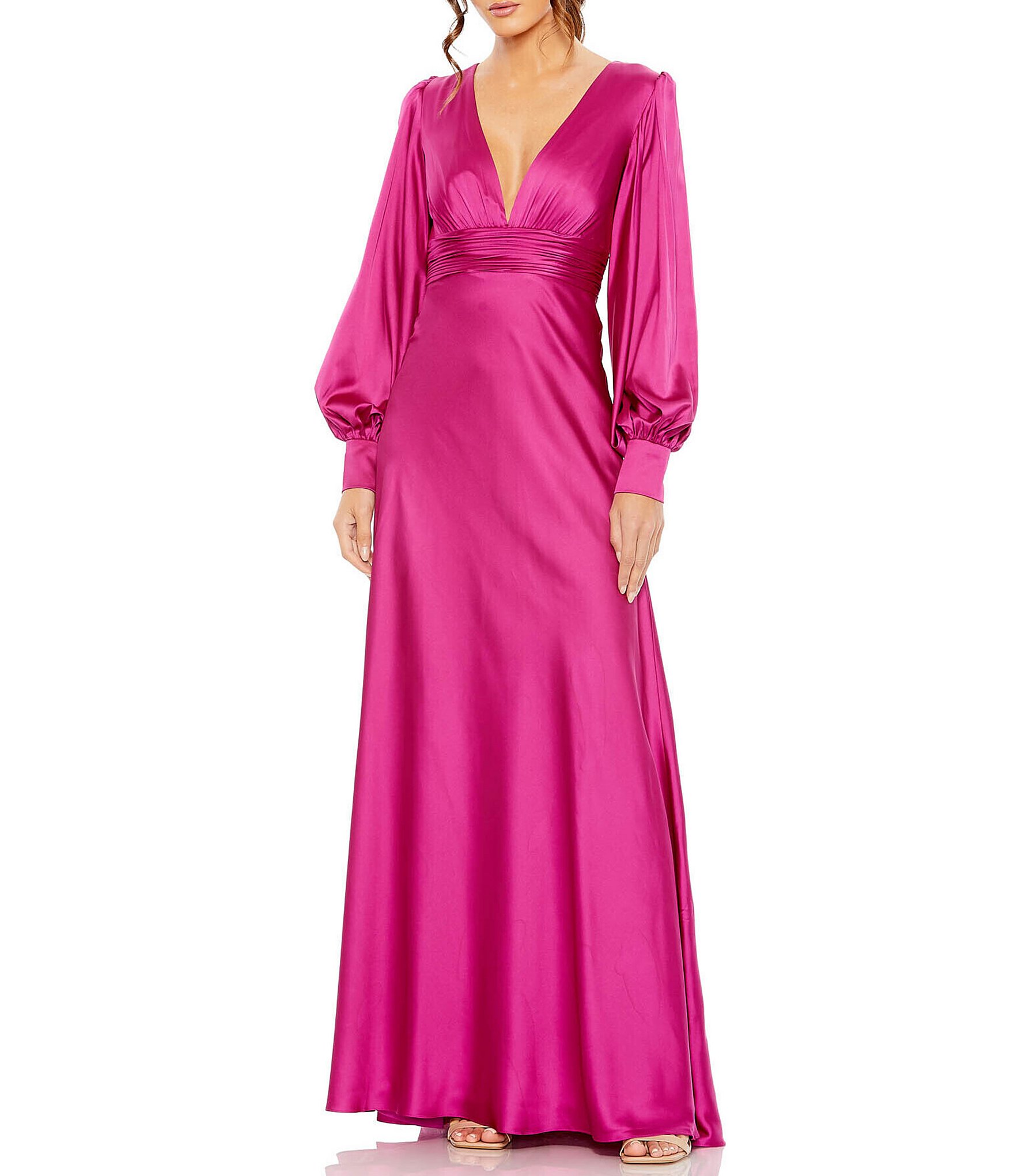 Mac Duggal Charmeuse V-Neck Long Bishop Sleeve Gown | Dillard's