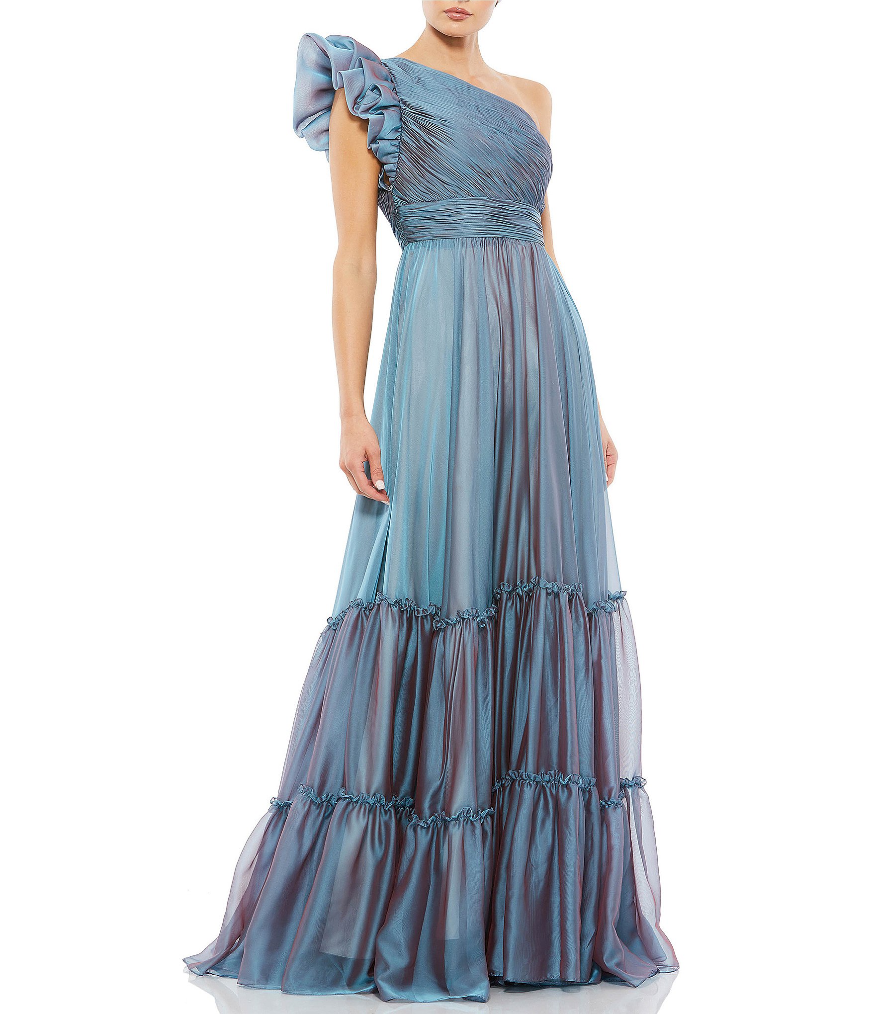 Mac Duggal Chiffon Ruched One Shoulder Flutter Sleeve Tiered Gown ...