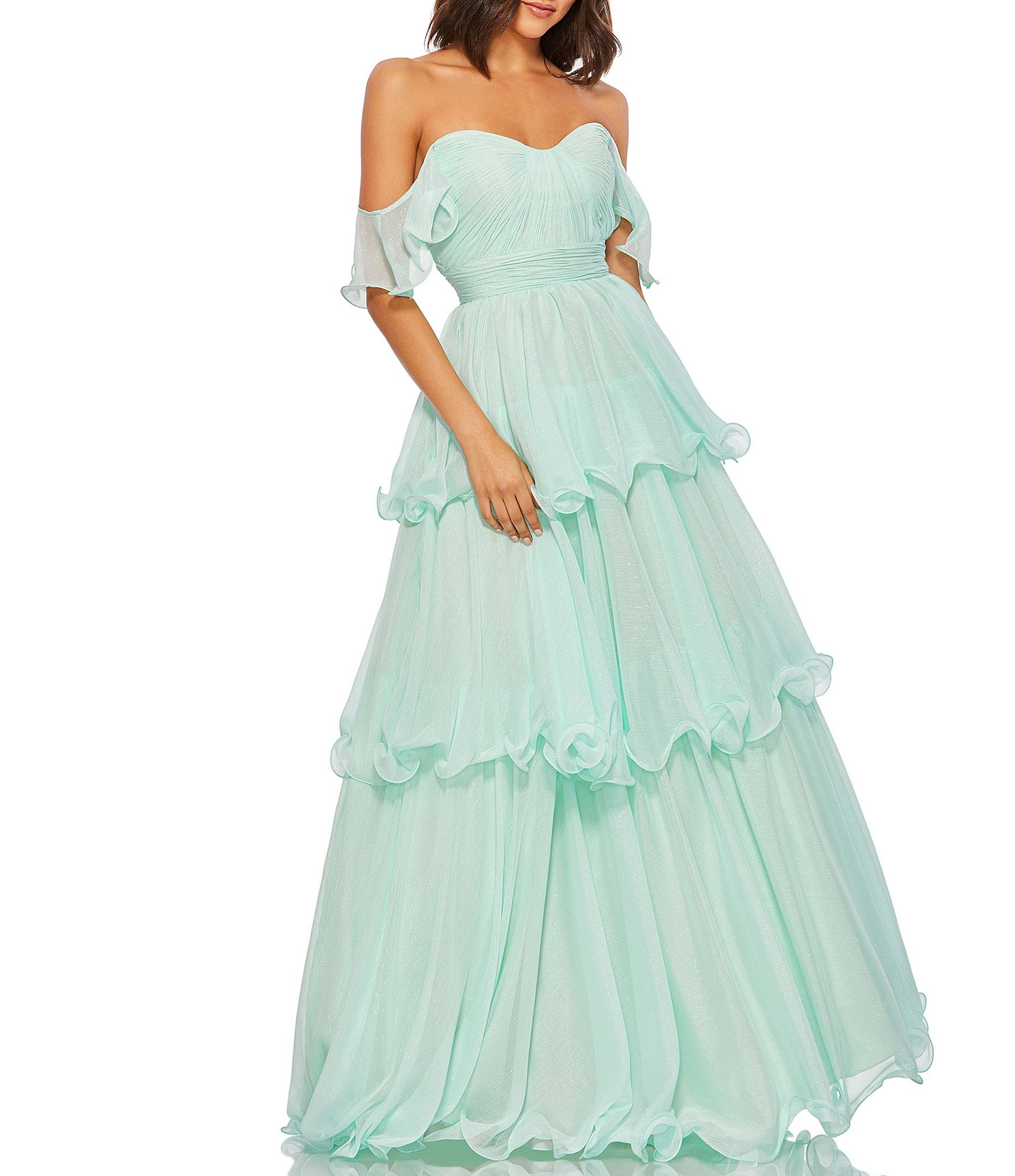Ruffled Off-shoulder Sweetheart Blue Tulle Prom Dress