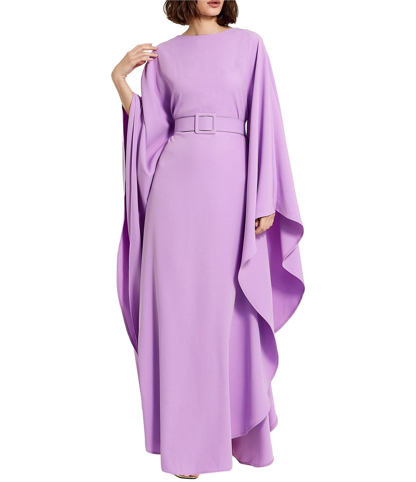 Mac Duggal Crepe Boat Neck Long Flared Ruffle Sleeve Belted Maxi Caftan ...