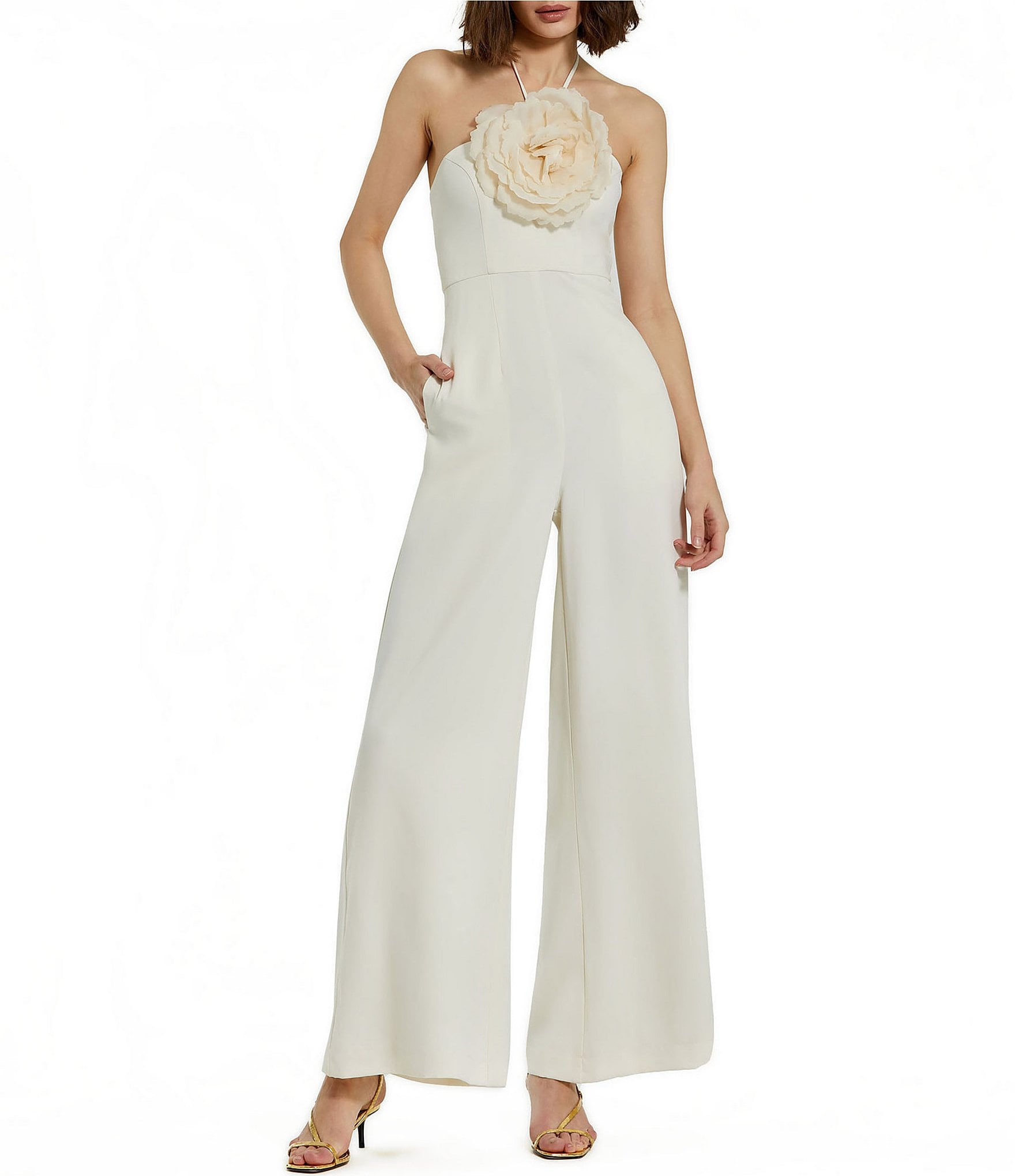 Mac Duggal Crepe Halter Neck With Flower Wide-leg Jumpsuit 