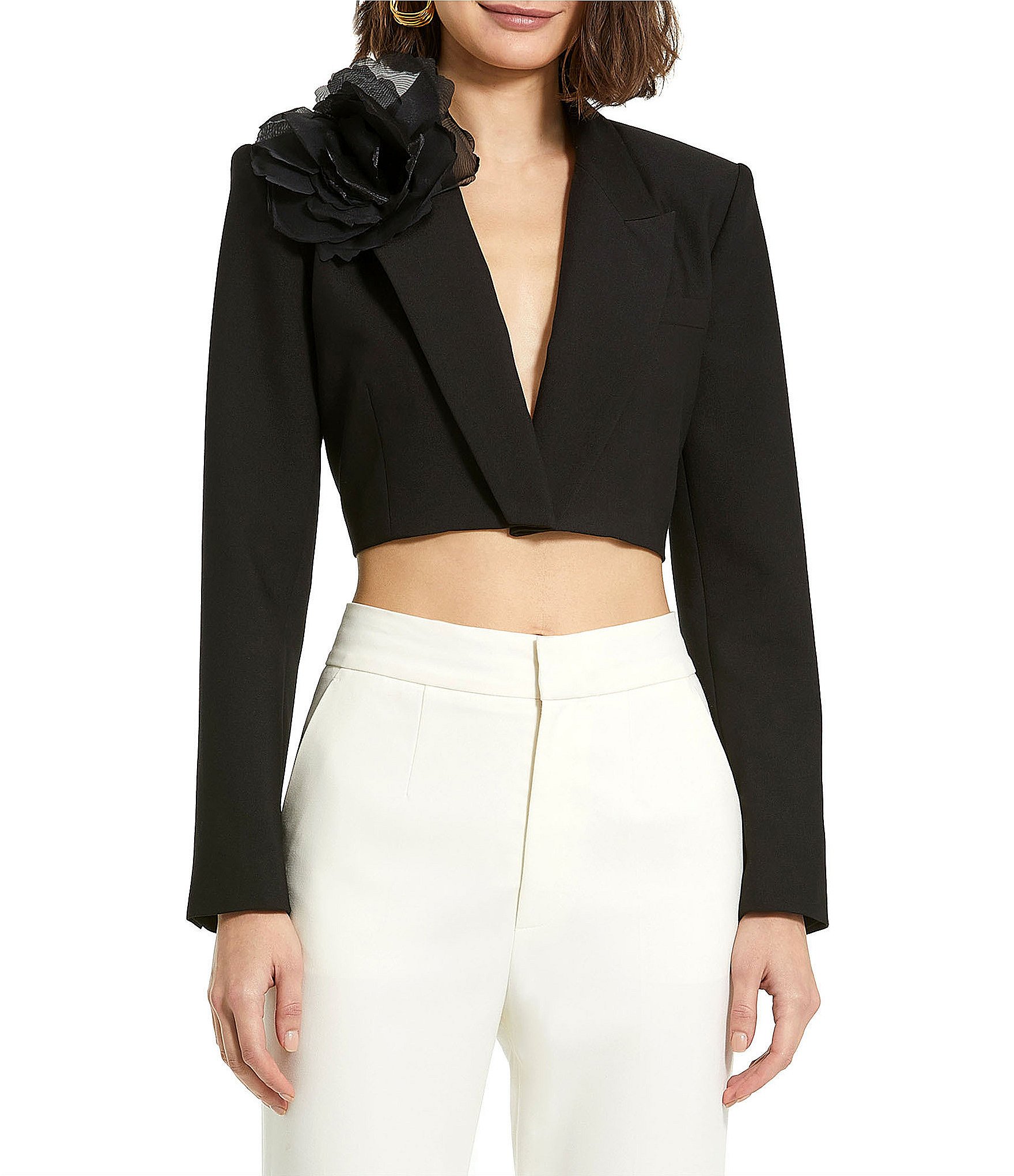 Mac Duggal Crepe Notch Lapel Collar Flower Applique Deep V-Neck Long ...