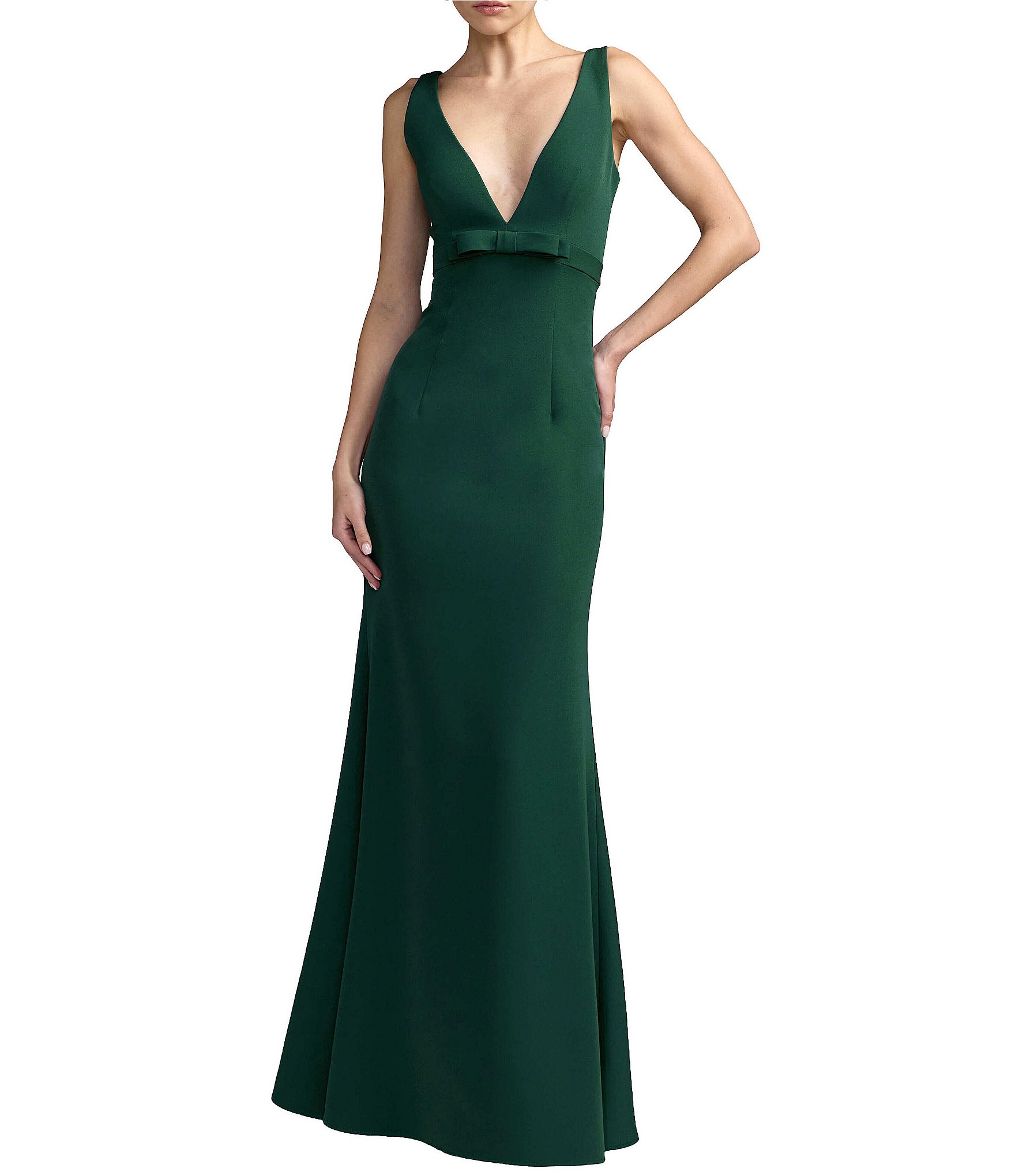Mac Duggal Crepe Sleeveless Bow Front V-Neck Gown
