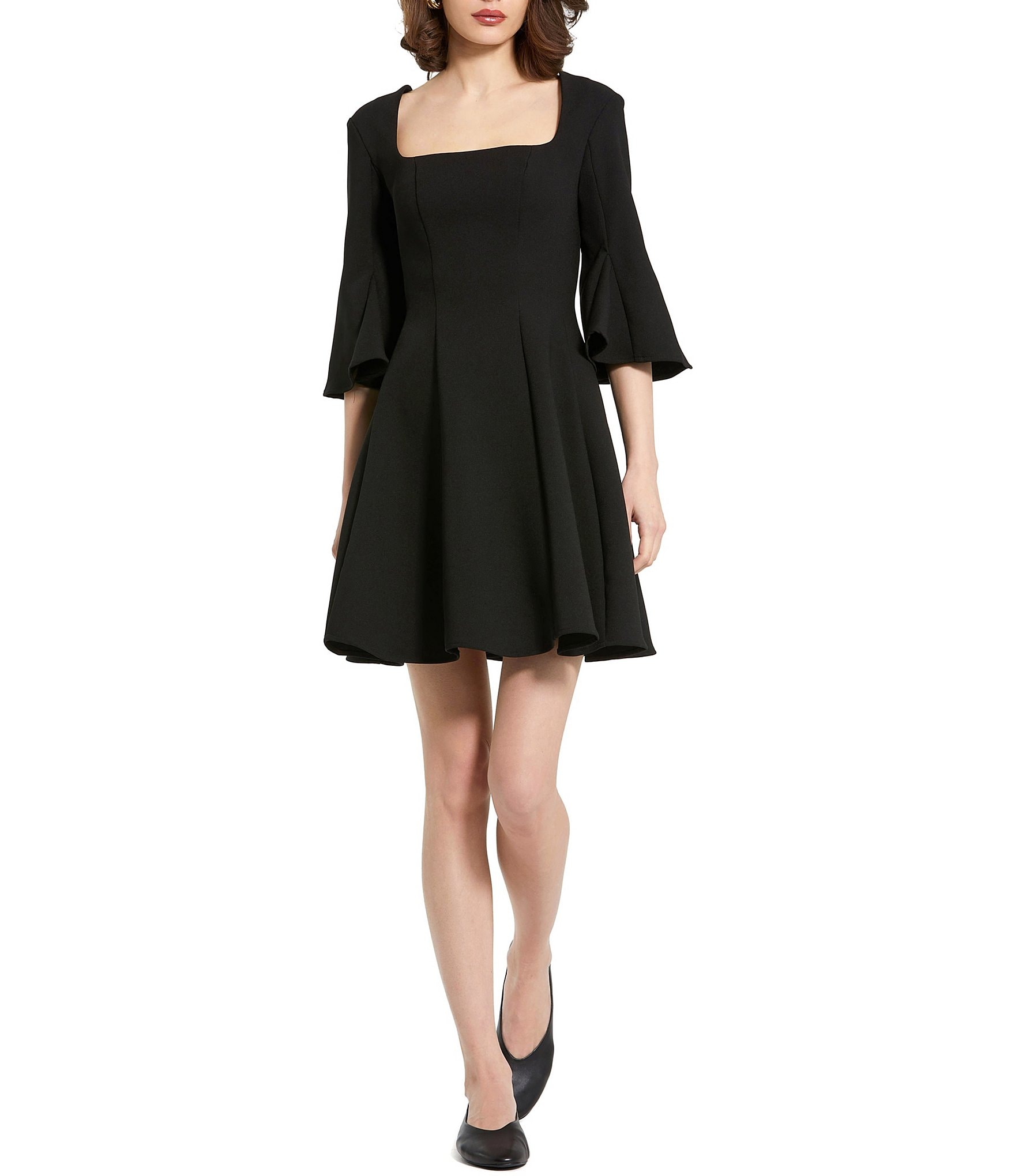 Mac Duggal Crepe Square Neck 3/4 Sleeves Godet Pleated A-Line Dress ...