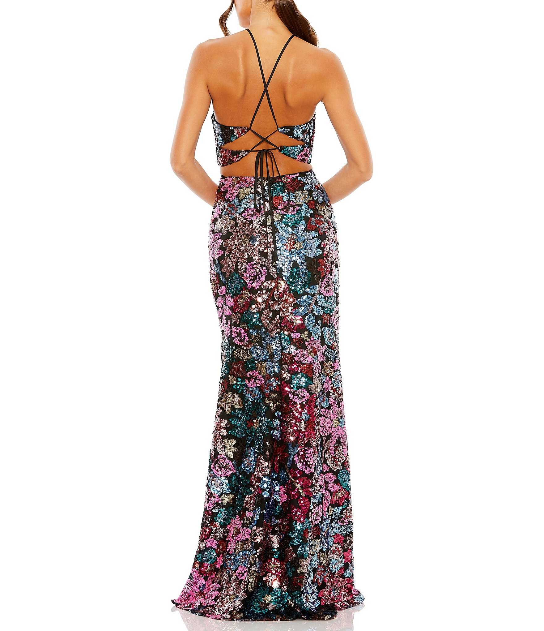Mac Duggal Criss Cross Halter Sleeveless Cut Out Embellished Sequin Sheath Gown