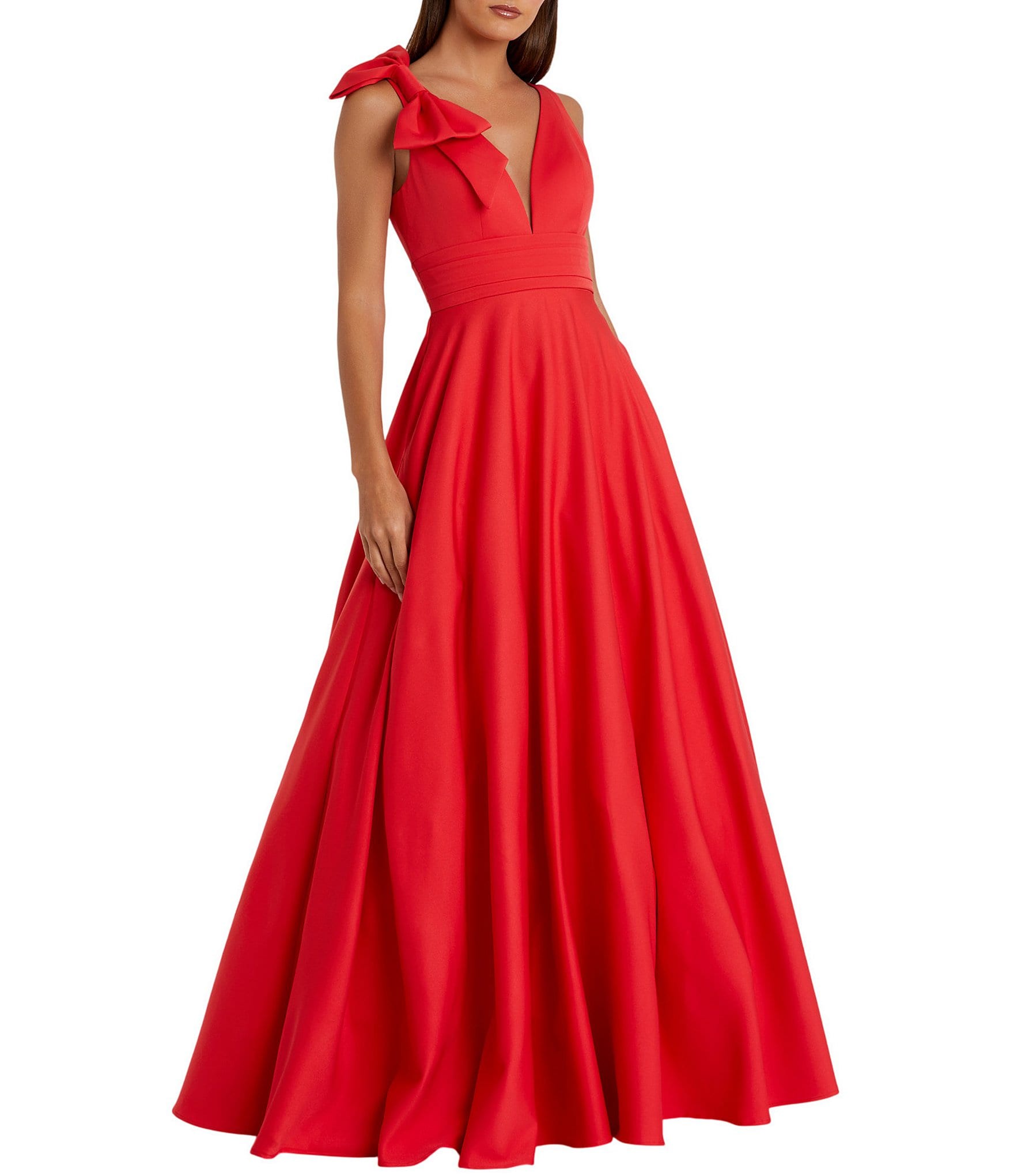Mac Duggal Deep V-Neck Bow Shoulder Crepe Gown
